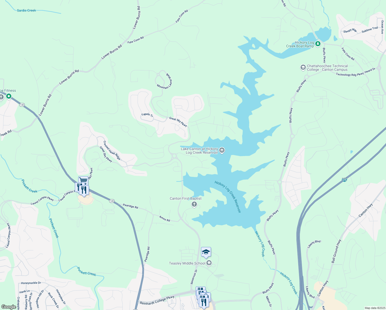 map of restaurants, bars, coffee shops, grocery stores, and more near 151 Sunshower Ridge in Canton