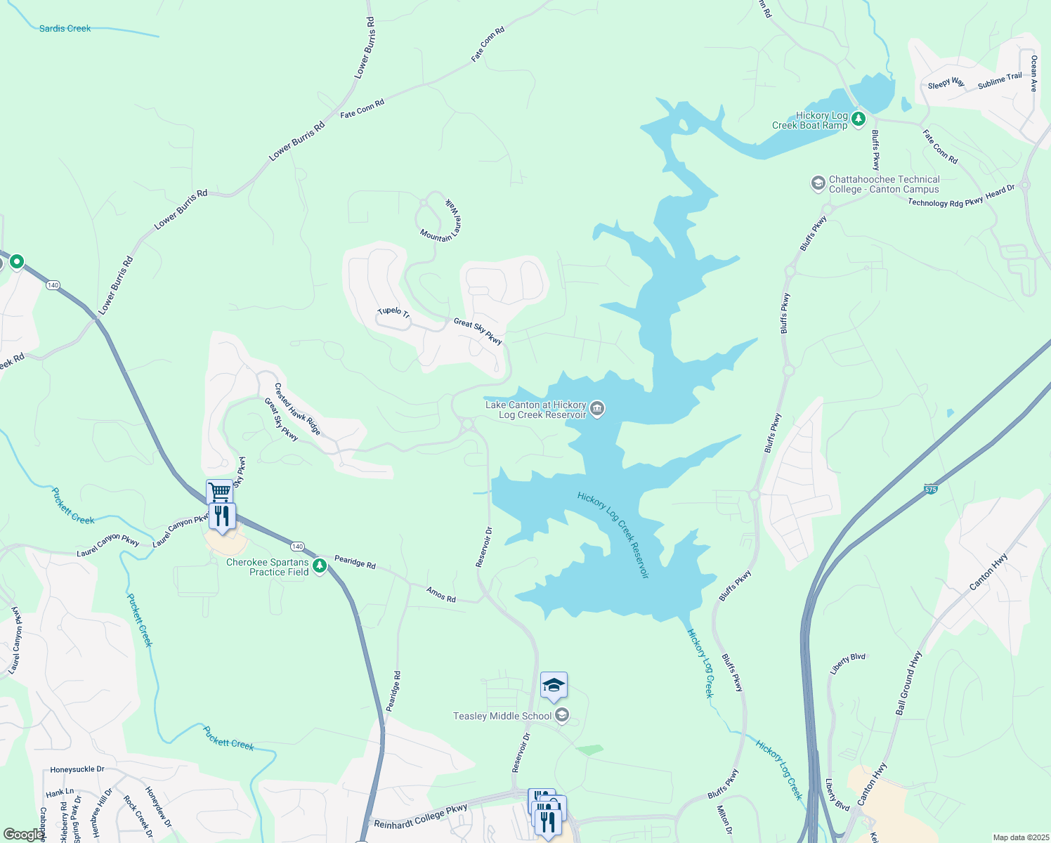 map of restaurants, bars, coffee shops, grocery stores, and more near 159 Sunshower Ridge in Canton