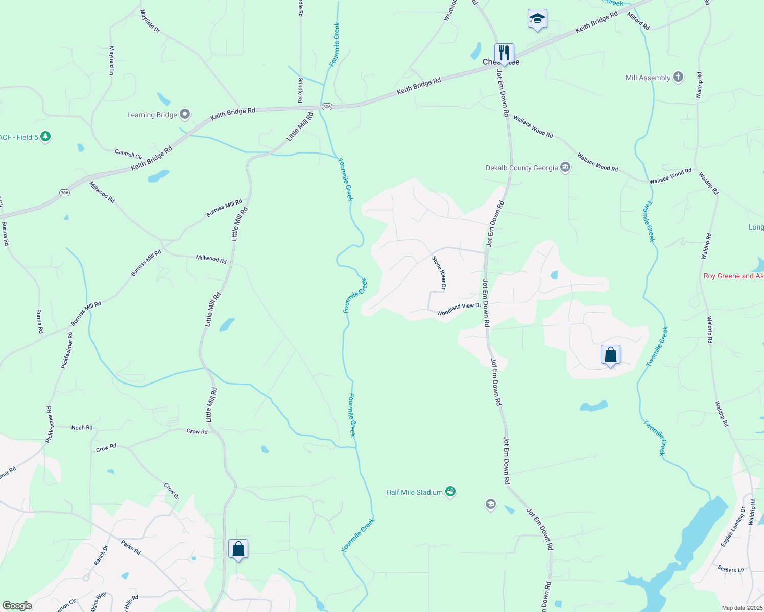 map of restaurants, bars, coffee shops, grocery stores, and more near 9035 Forest Path Drive in Gainesville