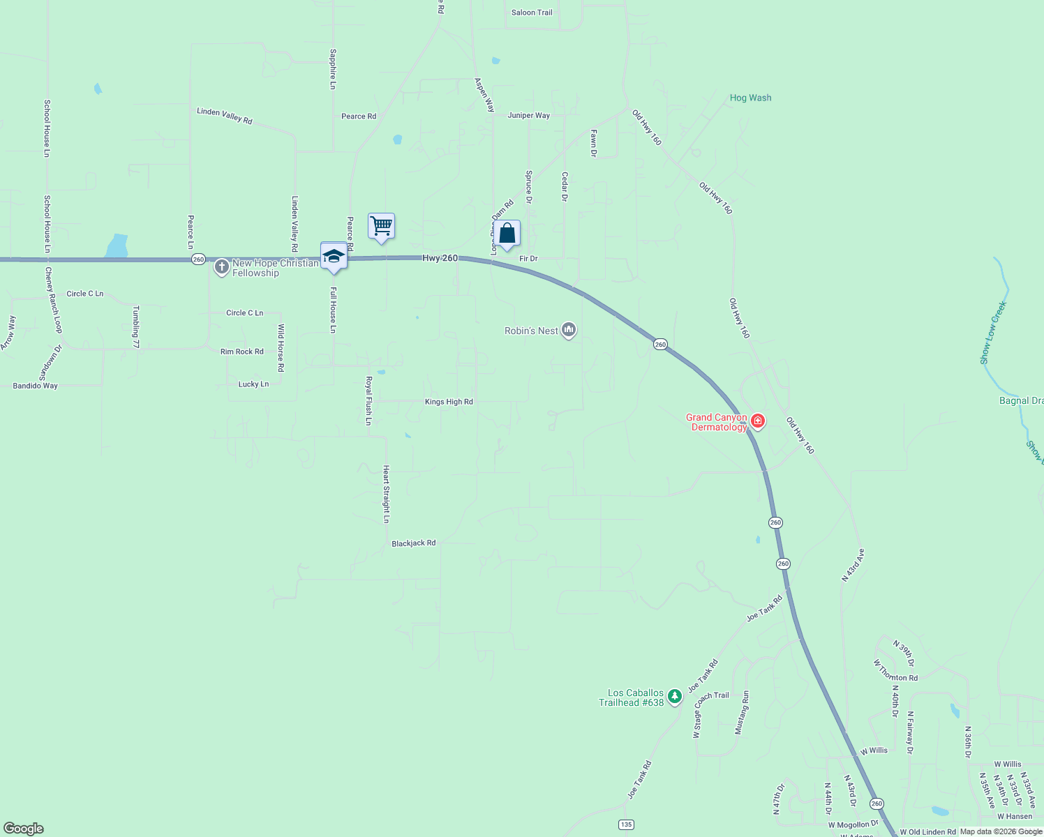 map of restaurants, bars, coffee shops, grocery stores, and more near 7035 Kings High Road in Show Low