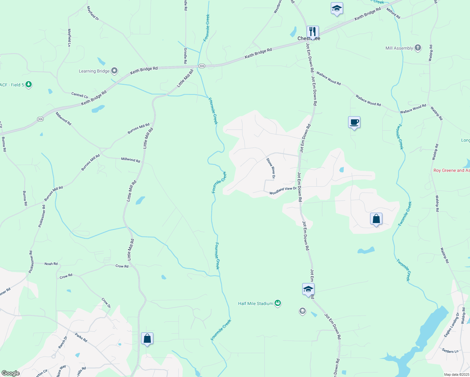 map of restaurants, bars, coffee shops, grocery stores, and more near 9035 Forest Path Drive in Gainesville