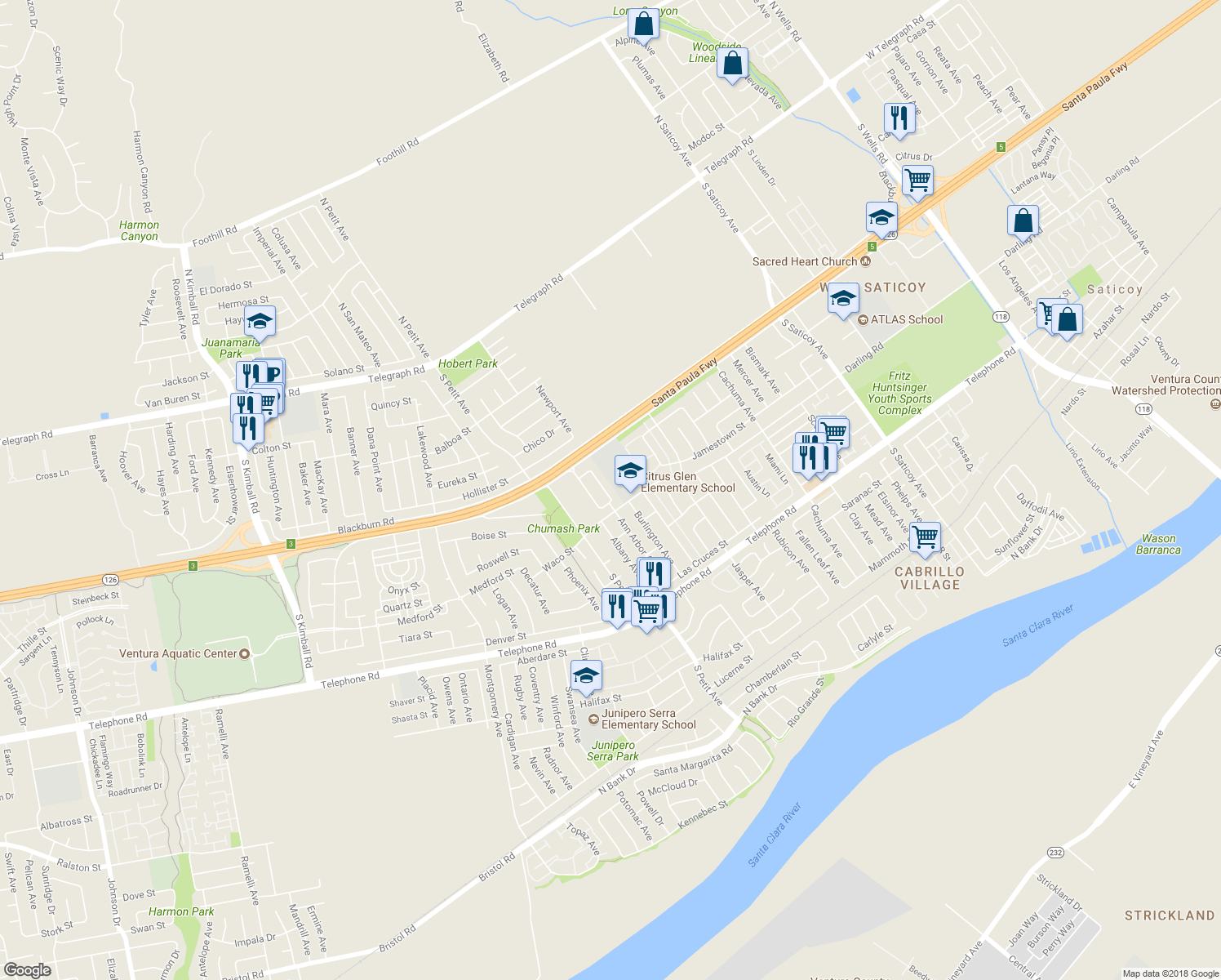 map of restaurants, bars, coffee shops, grocery stores, and more near 650 Charleston Place in Ventura