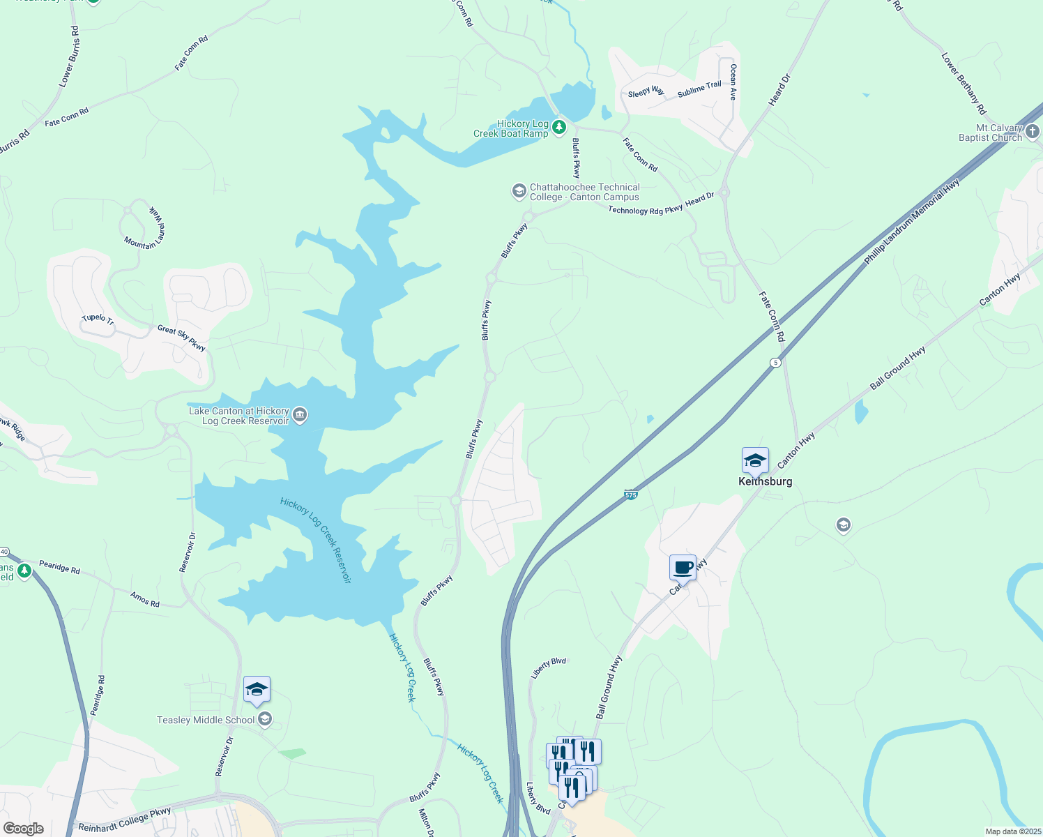 map of restaurants, bars, coffee shops, grocery stores, and more near 221 Hickory Bluffs Parkway in Canton