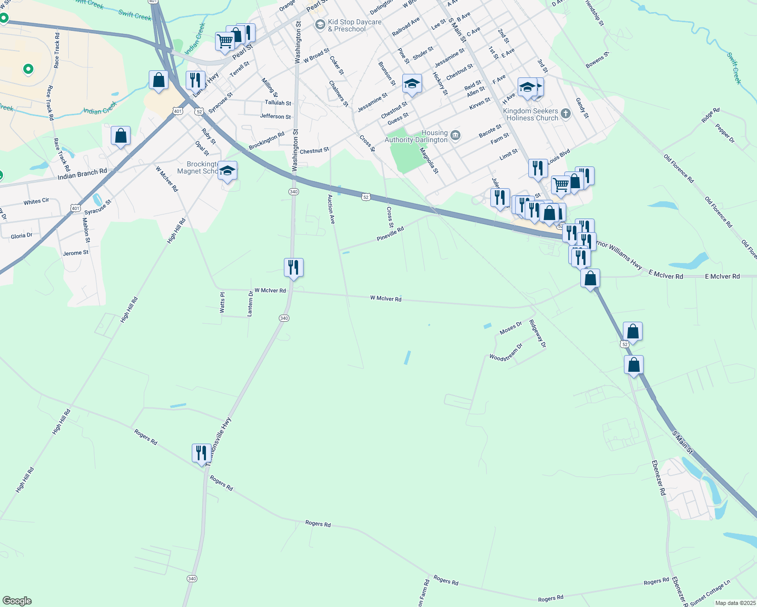 map of restaurants, bars, coffee shops, grocery stores, and more near 611 West McIver Road in Darlington