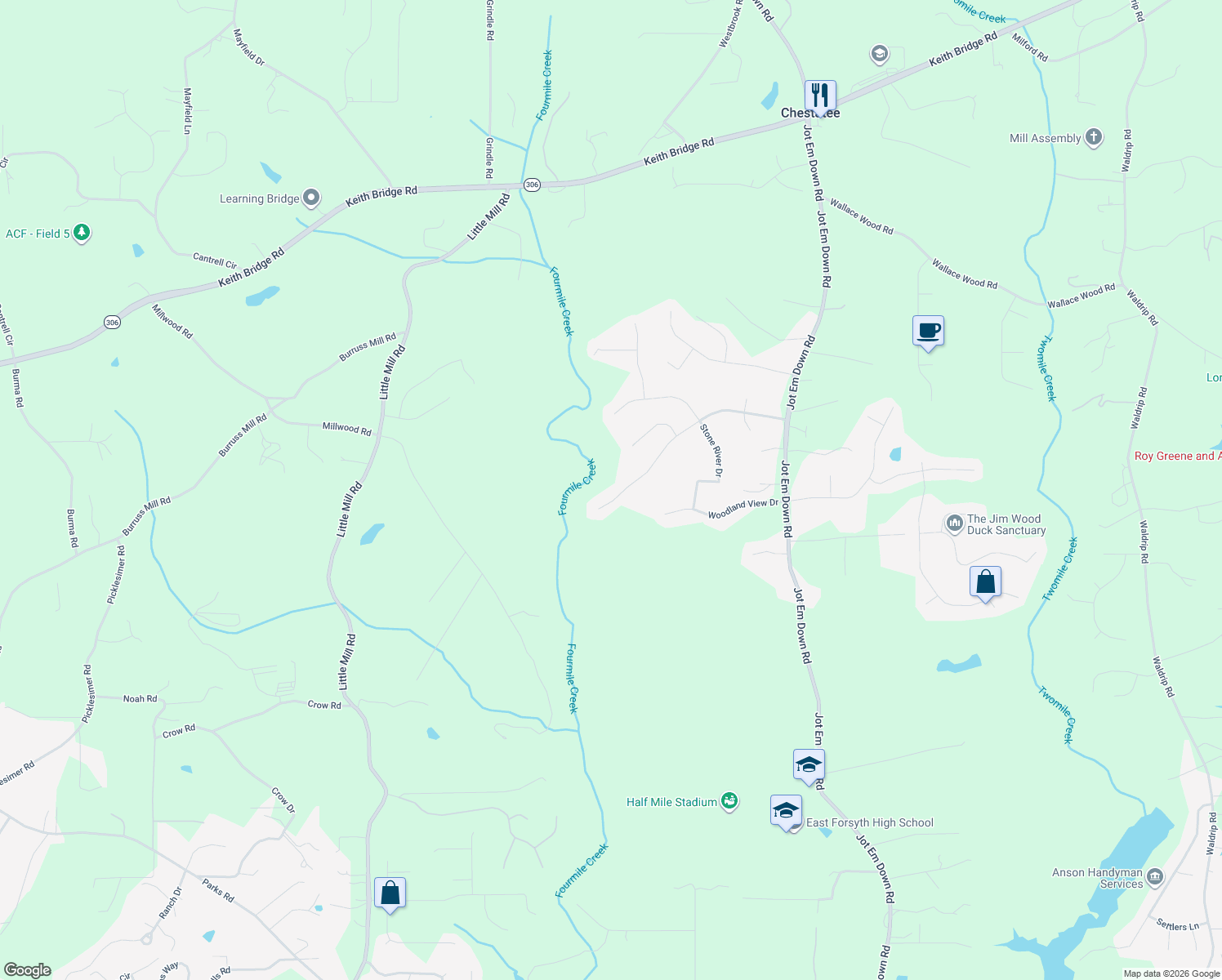 map of restaurants, bars, coffee shops, grocery stores, and more near 9040 Forest Path Drive in Gainesville