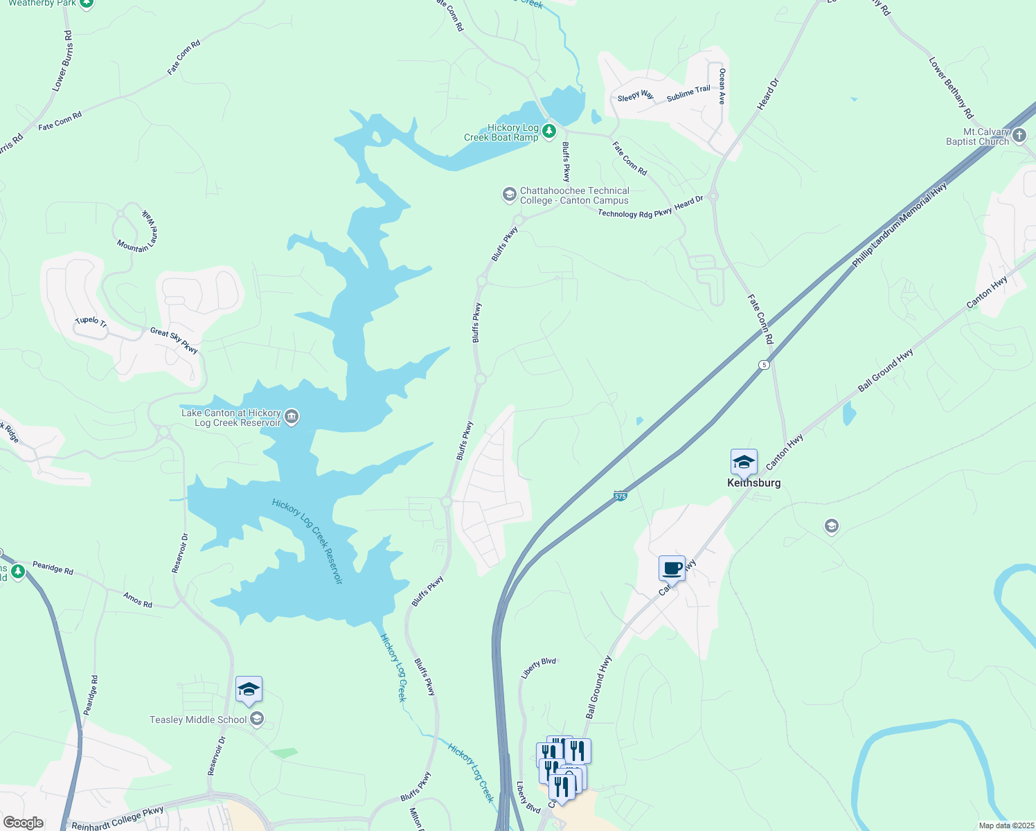map of restaurants, bars, coffee shops, grocery stores, and more near 213 Hickory Bluffs Parkway in Canton