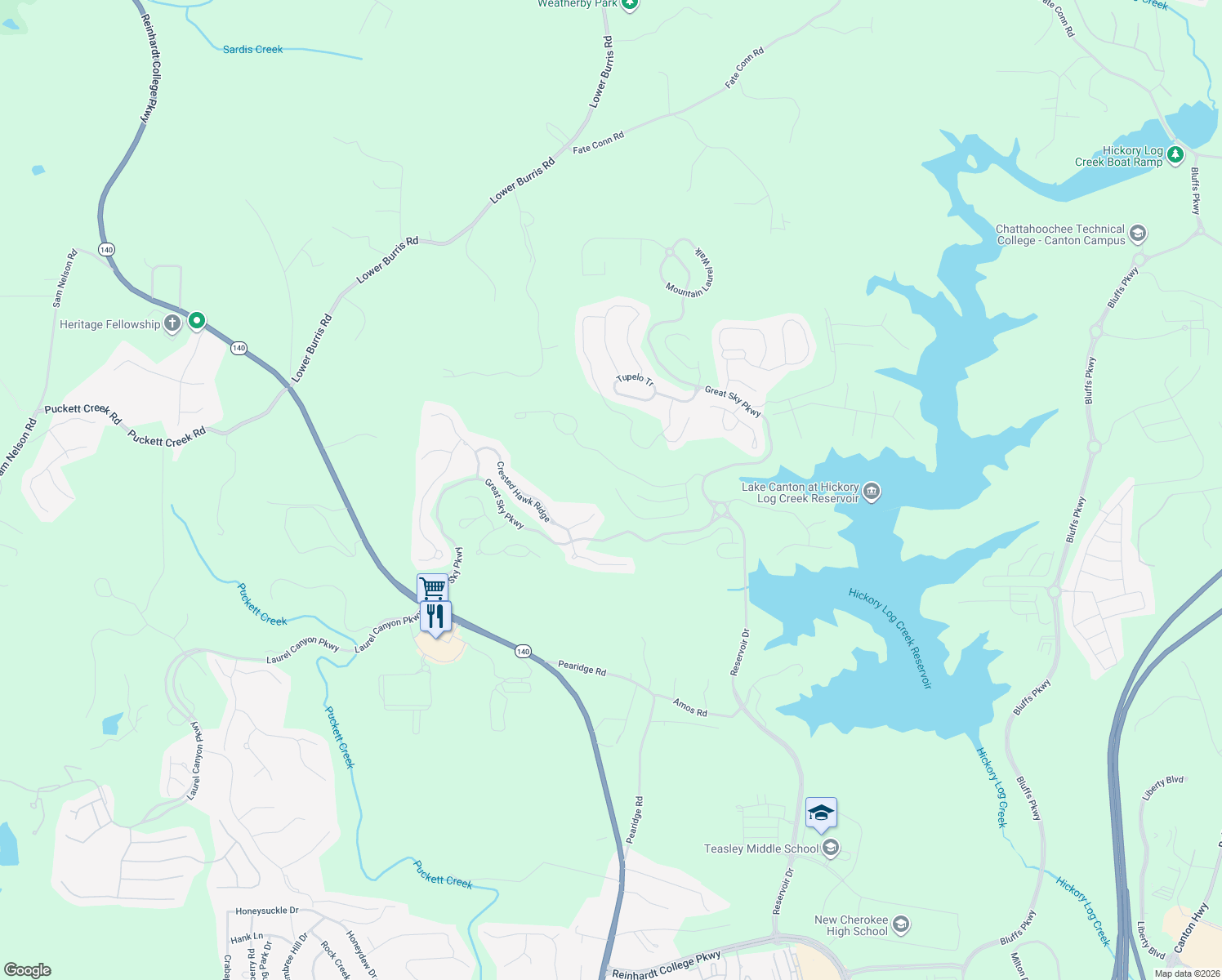 map of restaurants, bars, coffee shops, grocery stores, and more near 545 Wooded Mountain Trail in Canton