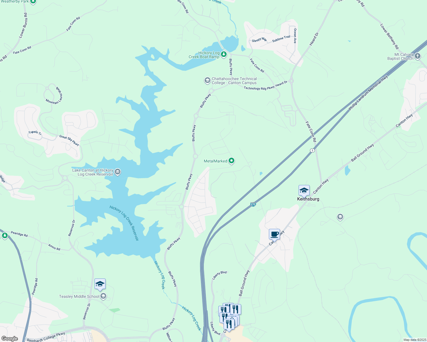 map of restaurants, bars, coffee shops, grocery stores, and more near 207 Hickory Bluffs Parkway in Holly Springs