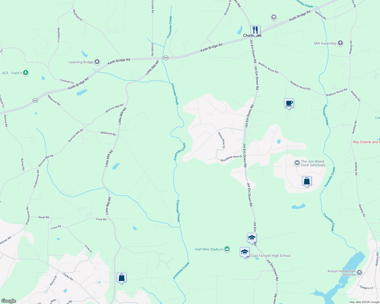 map of restaurants, bars, coffee shops, grocery stores, and more near 9040 Forest Path Dr in Gainesville