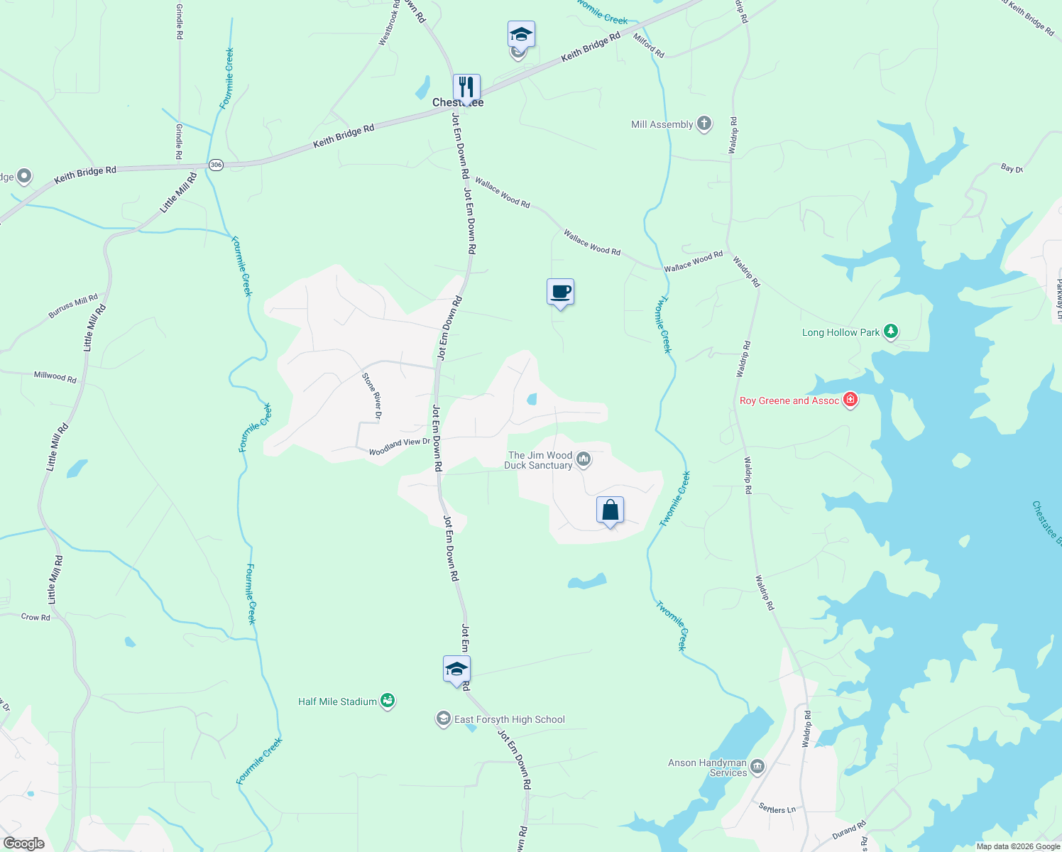 map of restaurants, bars, coffee shops, grocery stores, and more near 8630 Amberfield Drive in Gainesville