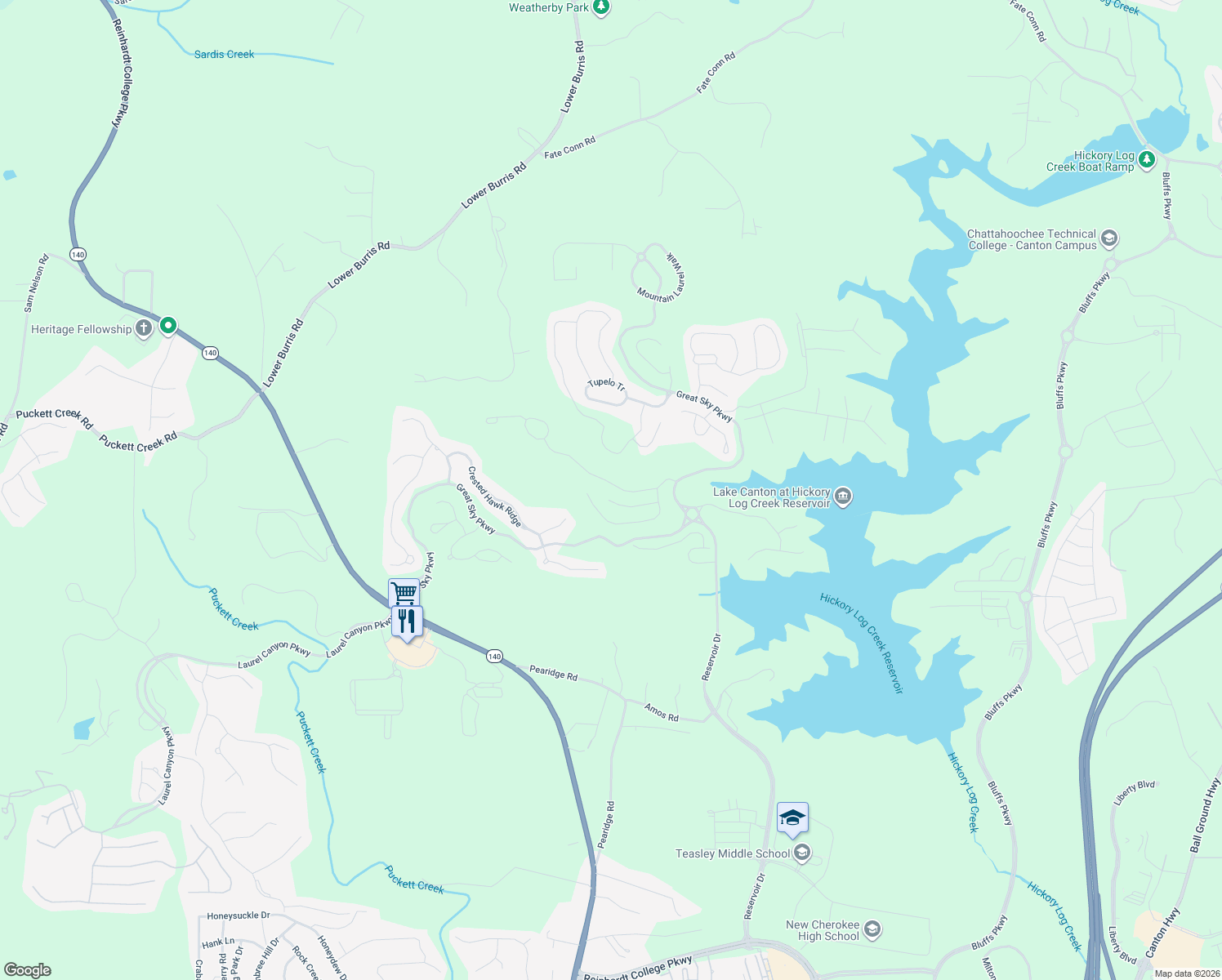 map of restaurants, bars, coffee shops, grocery stores, and more near 119 Stargaze Ridge in Canton