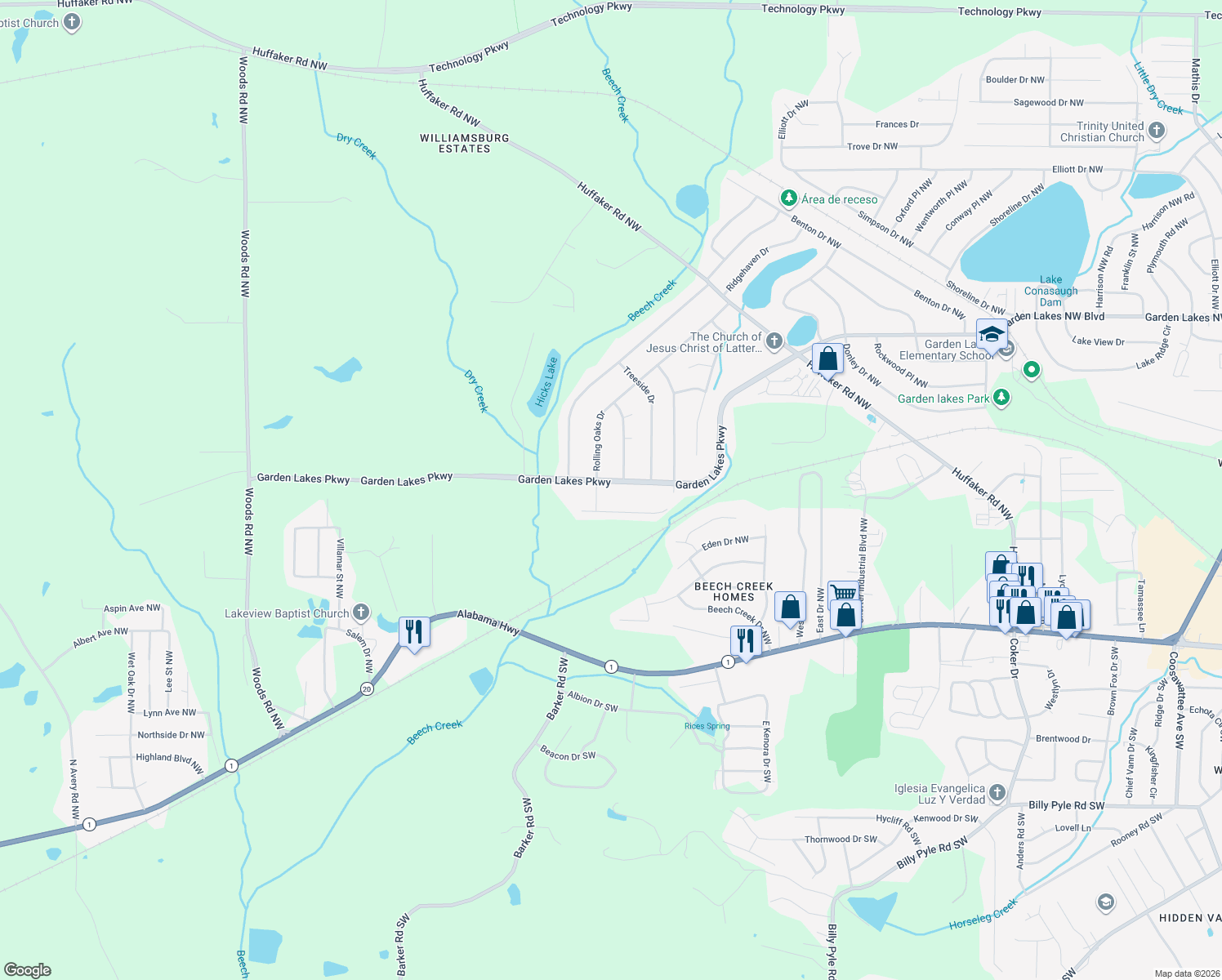 map of restaurants, bars, coffee shops, grocery stores, and more near 3903 Garden Lakes Parkway in Rome