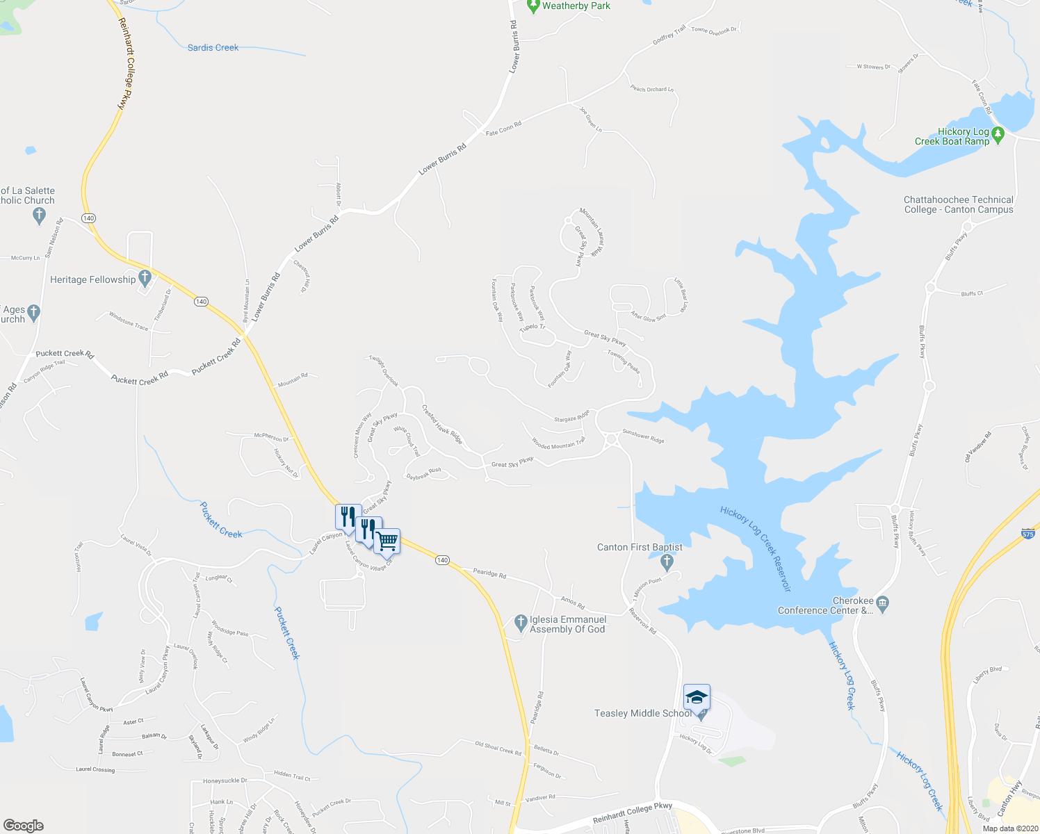 map of restaurants, bars, coffee shops, grocery stores, and more near 545 Wooded Mountain Trail in Canton