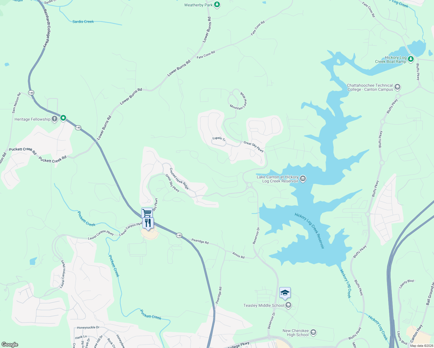 map of restaurants, bars, coffee shops, grocery stores, and more near 545 Wooded Mountain Trail in Canton