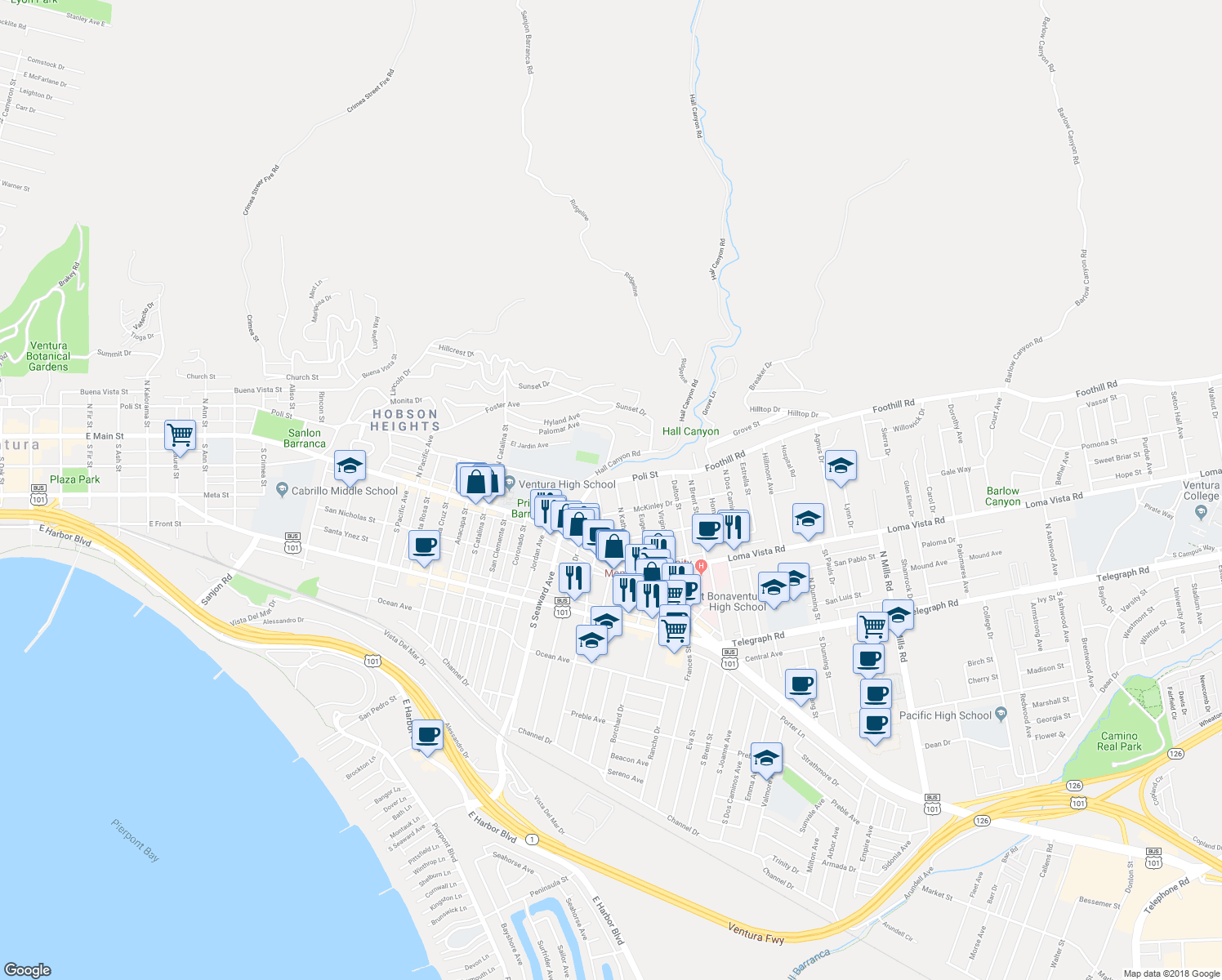 map of restaurants, bars, coffee shops, grocery stores, and more near 237 North Katherine Drive in Ventura