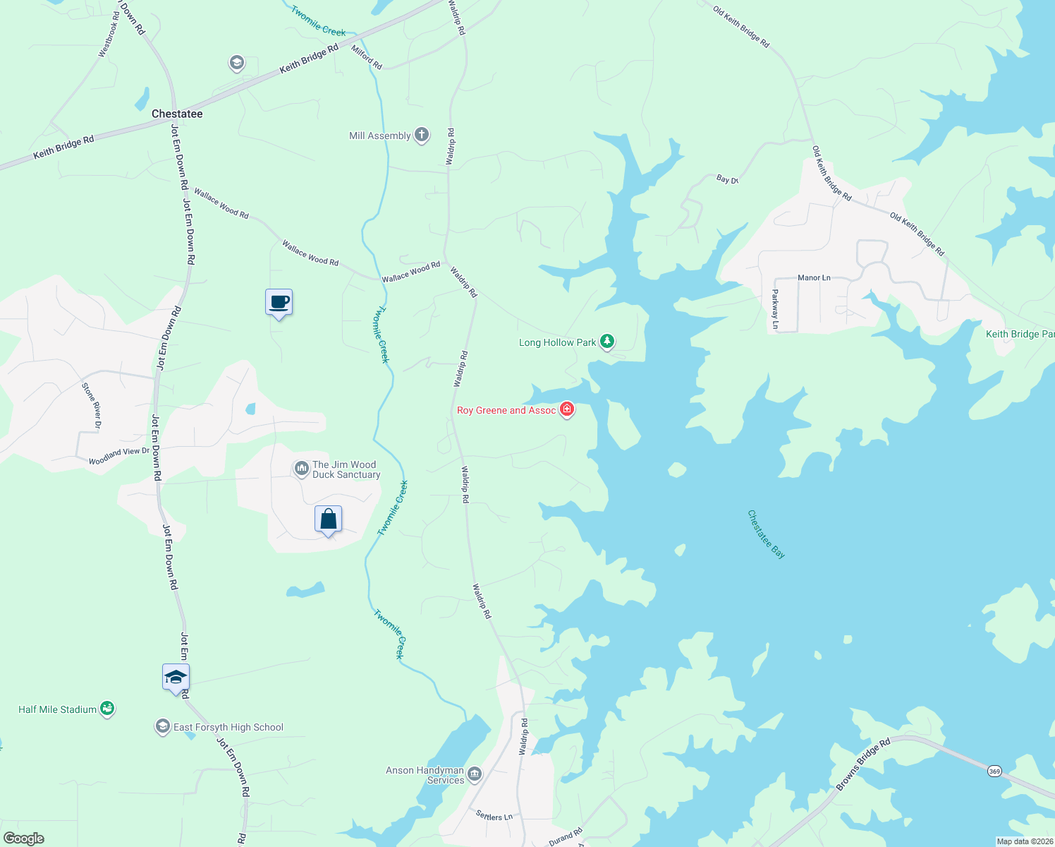 map of restaurants, bars, coffee shops, grocery stores, and more near 8815 Knoll Drive in Gainesville