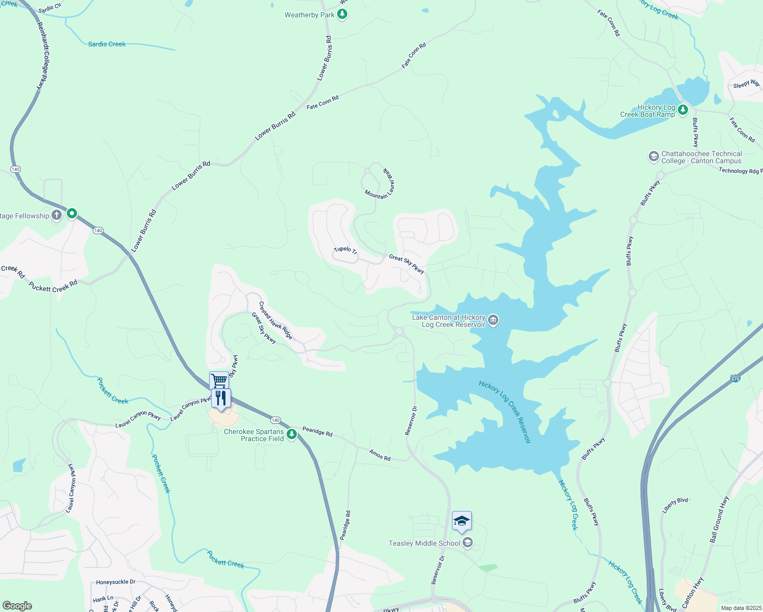 map of restaurants, bars, coffee shops, grocery stores, and more near 102 Stargaze Ridge in Canton