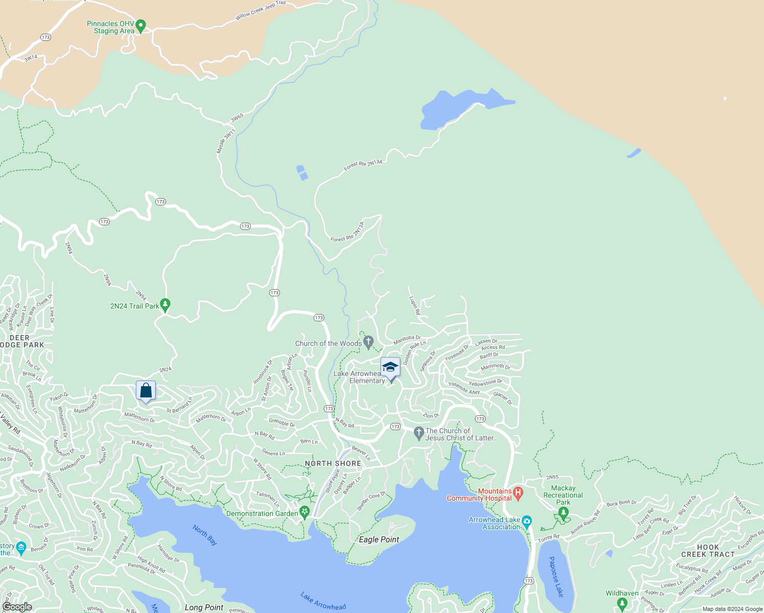 map of restaurants, bars, coffee shops, grocery stores, and more near 1611 Alberta Lane in Lake Arrowhead