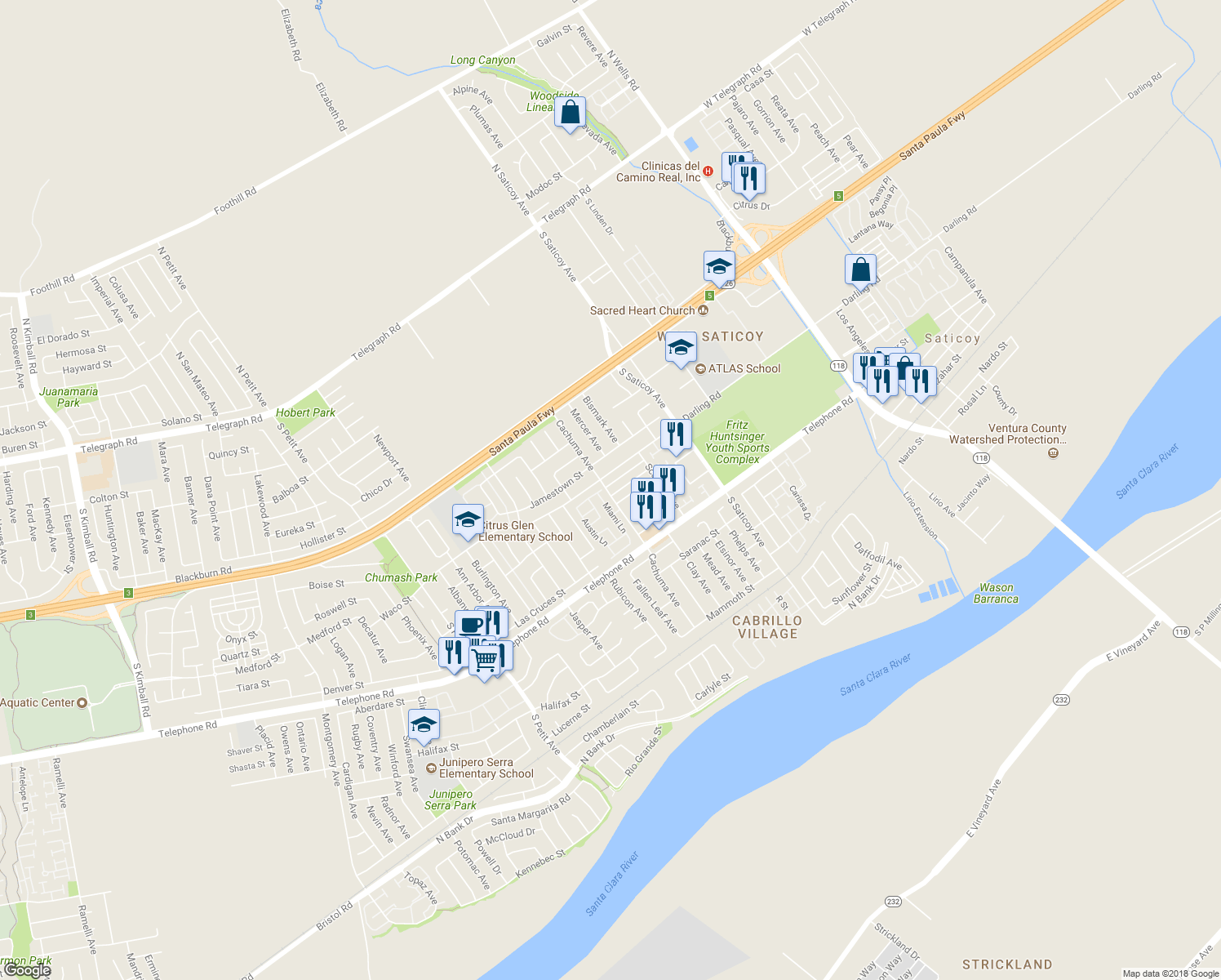 map of restaurants, bars, coffee shops, grocery stores, and more near 10215 Alexandria Street in Ventura