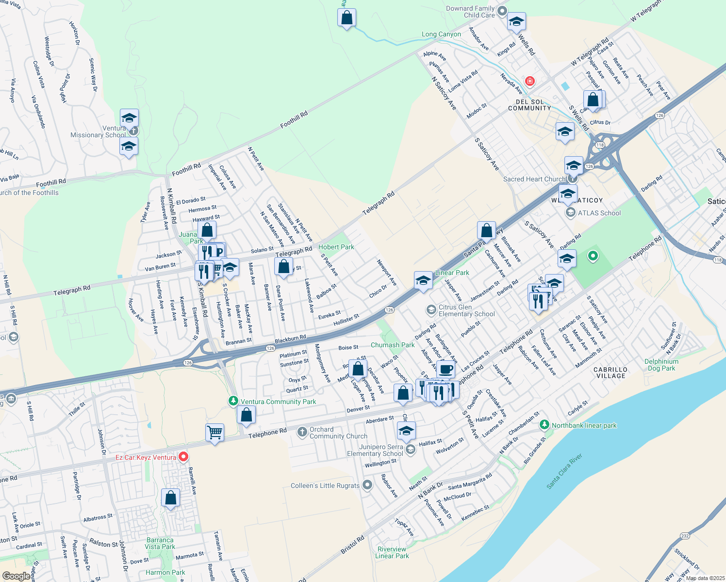 map of restaurants, bars, coffee shops, grocery stores, and more near 285 El Monte Avenue in Ventura