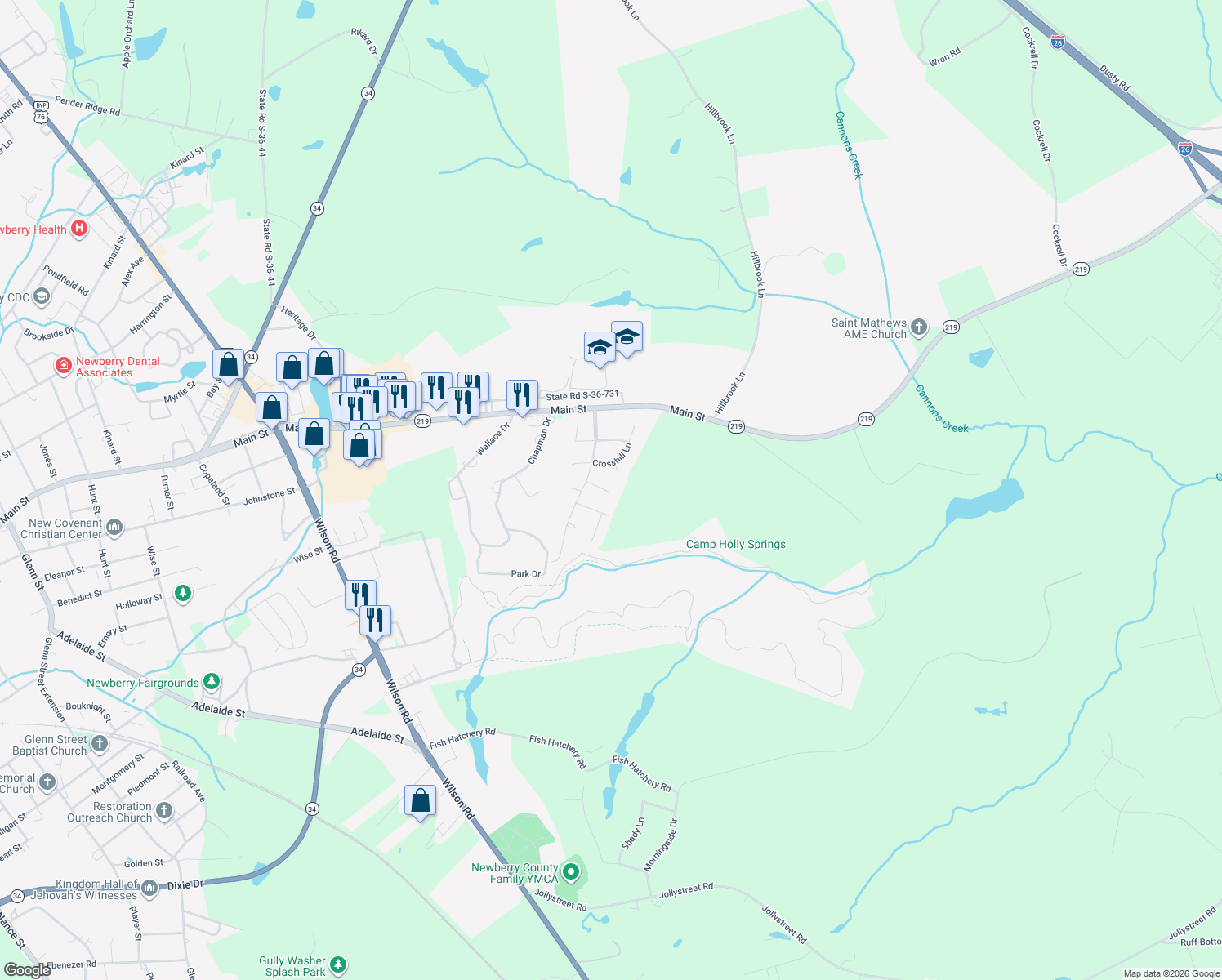 map of restaurants, bars, coffee shops, grocery stores, and more near 1140 Pinewood Court in Newberry