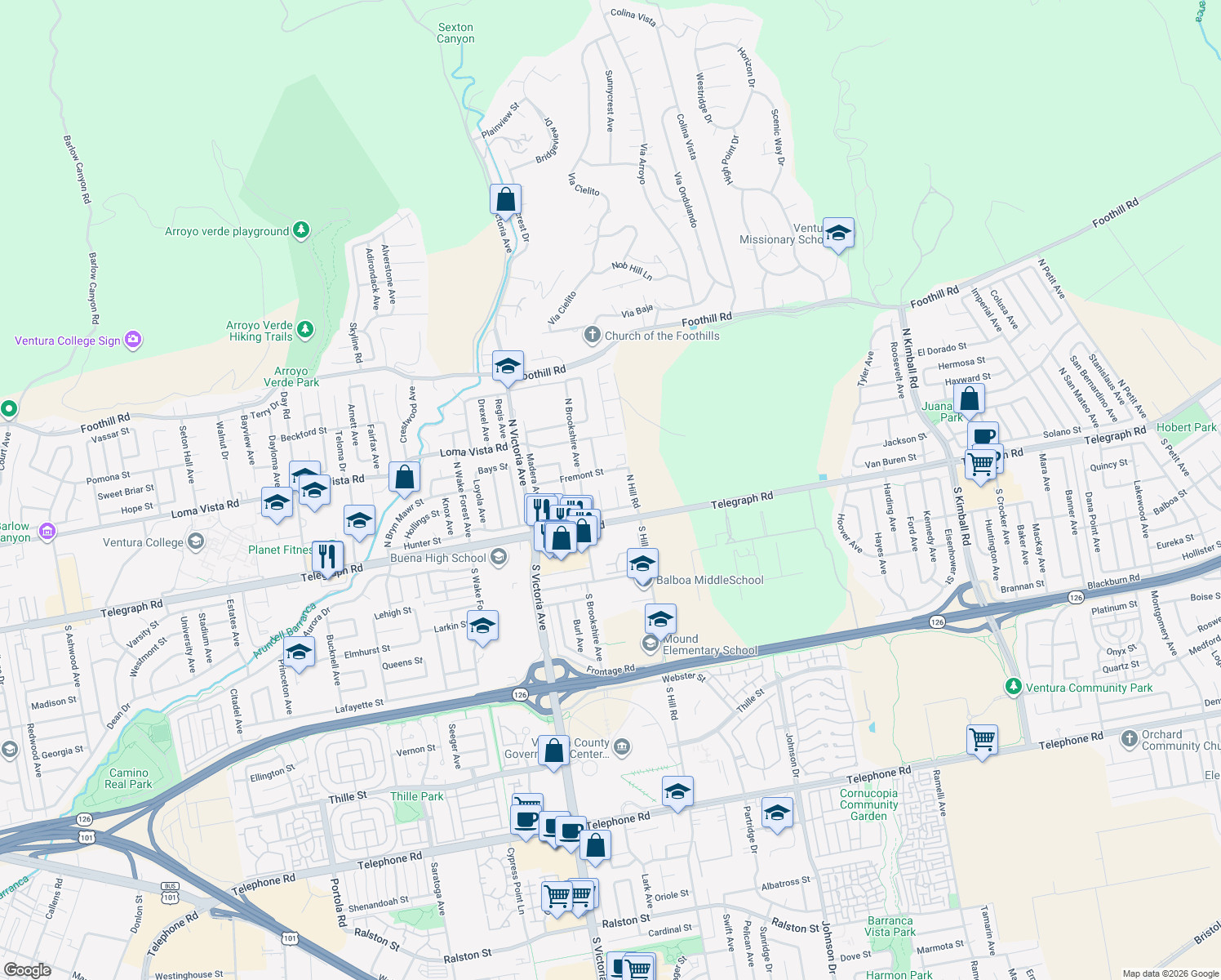 map of restaurants, bars, coffee shops, grocery stores, and more near 71 Mount Whitney Court in Ventura