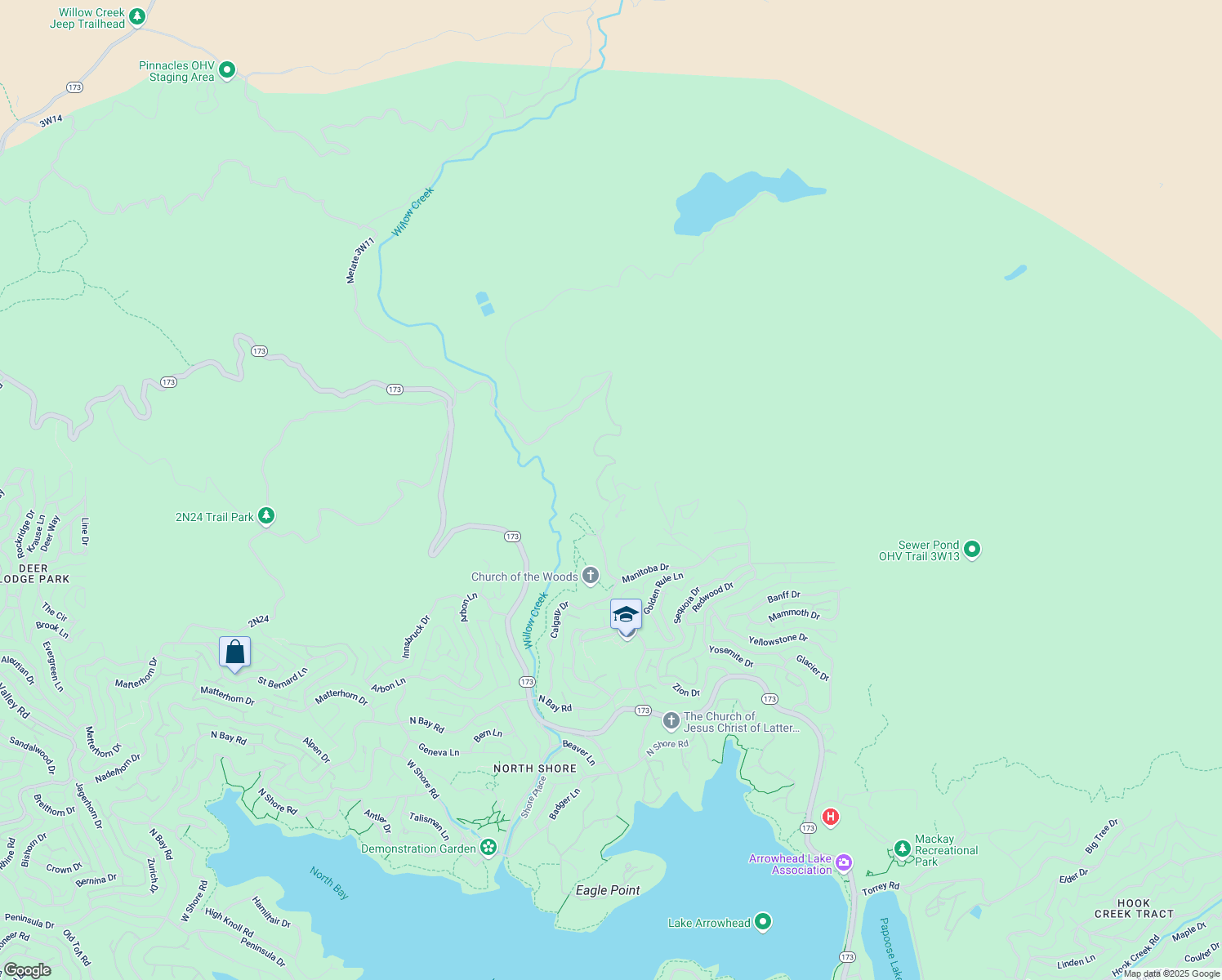 map of restaurants, bars, coffee shops, grocery stores, and more near 1611 Alberta Lane in Lake Arrowhead