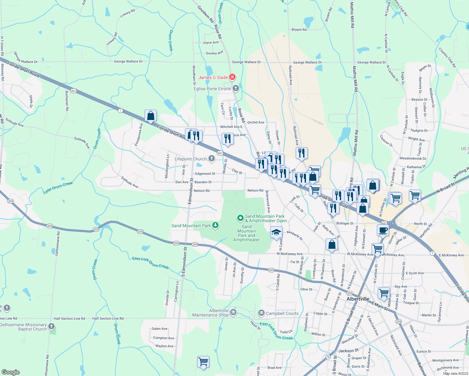map of restaurants, bars, coffee shops, grocery stores, and more near 907 Nelson Road in Albertville