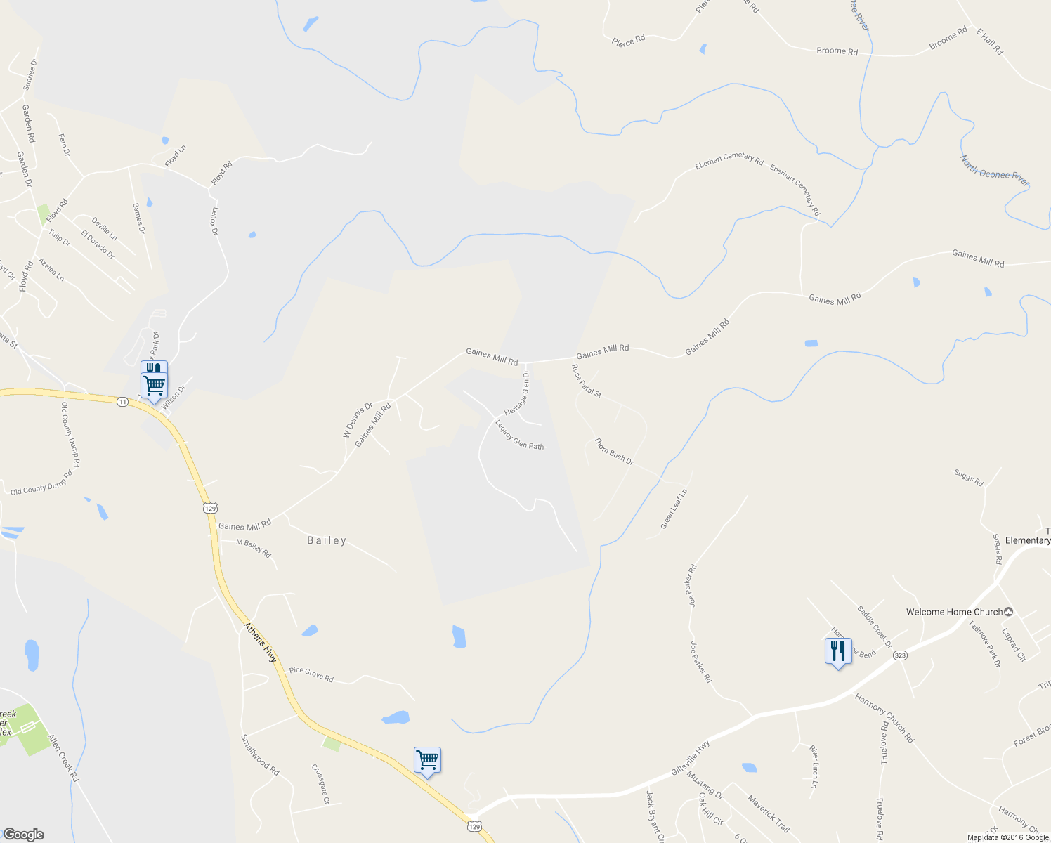 map of restaurants, bars, coffee shops, grocery stores, and more near 2927 Mistwood Lane in Gainesville