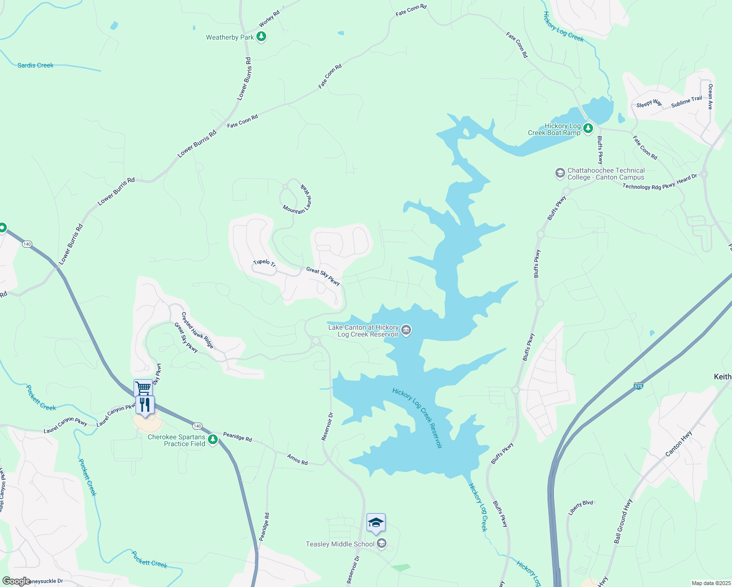 map of restaurants, bars, coffee shops, grocery stores, and more near 3025 Sunset Pass in Canton