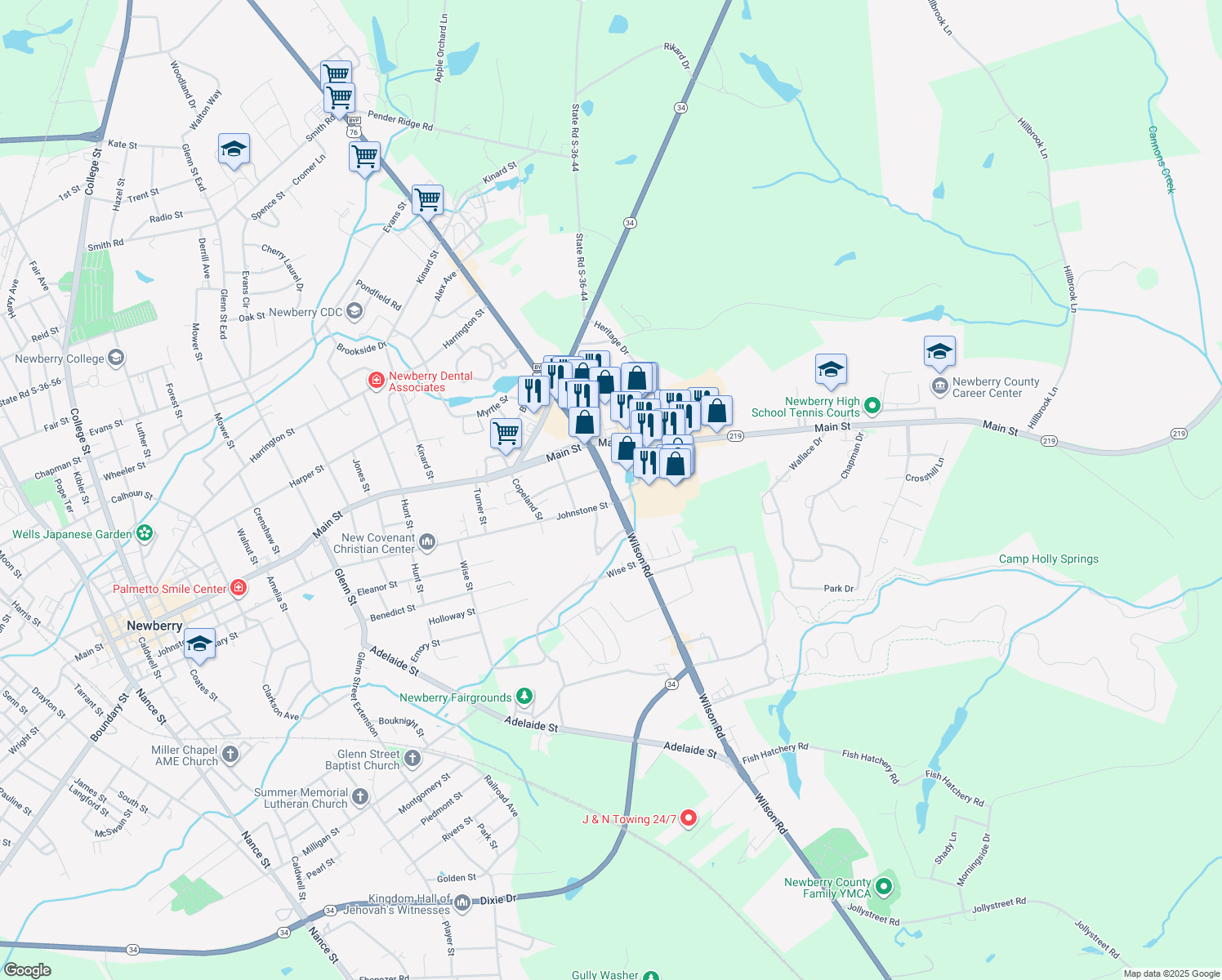 map of restaurants, bars, coffee shops, grocery stores, and more near 1041 Wilson Road in Newberry