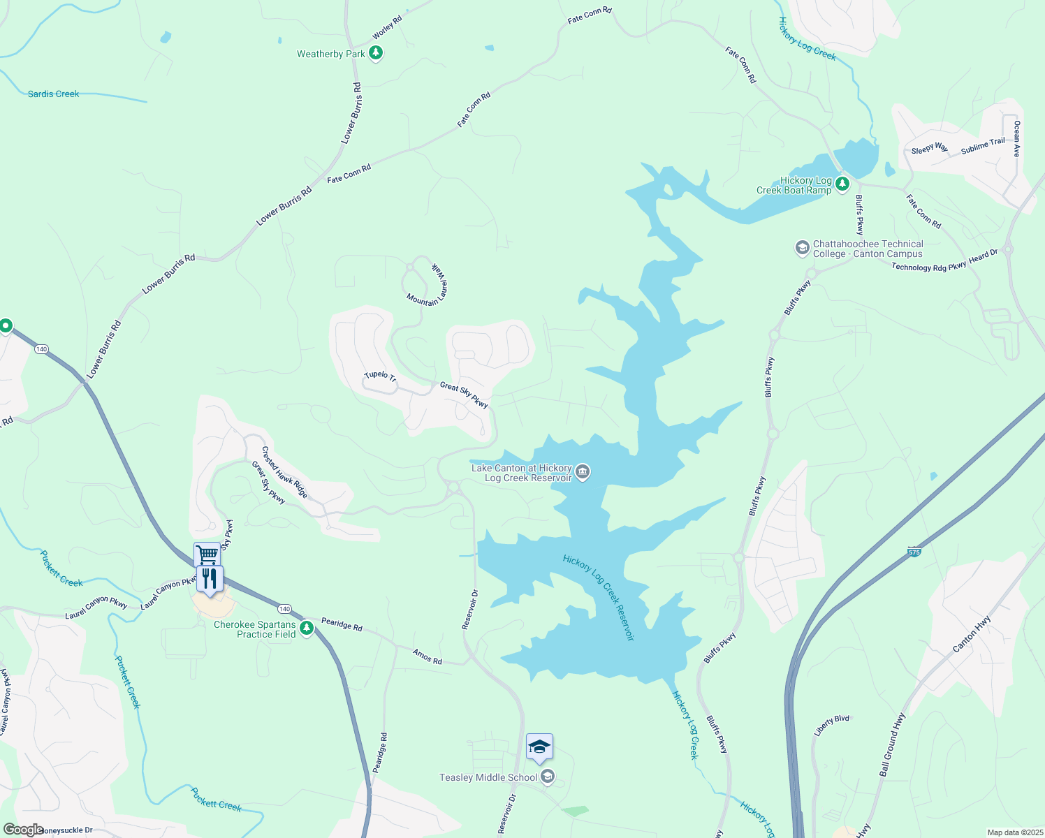 map of restaurants, bars, coffee shops, grocery stores, and more near 3025 Sunset Pass in Canton