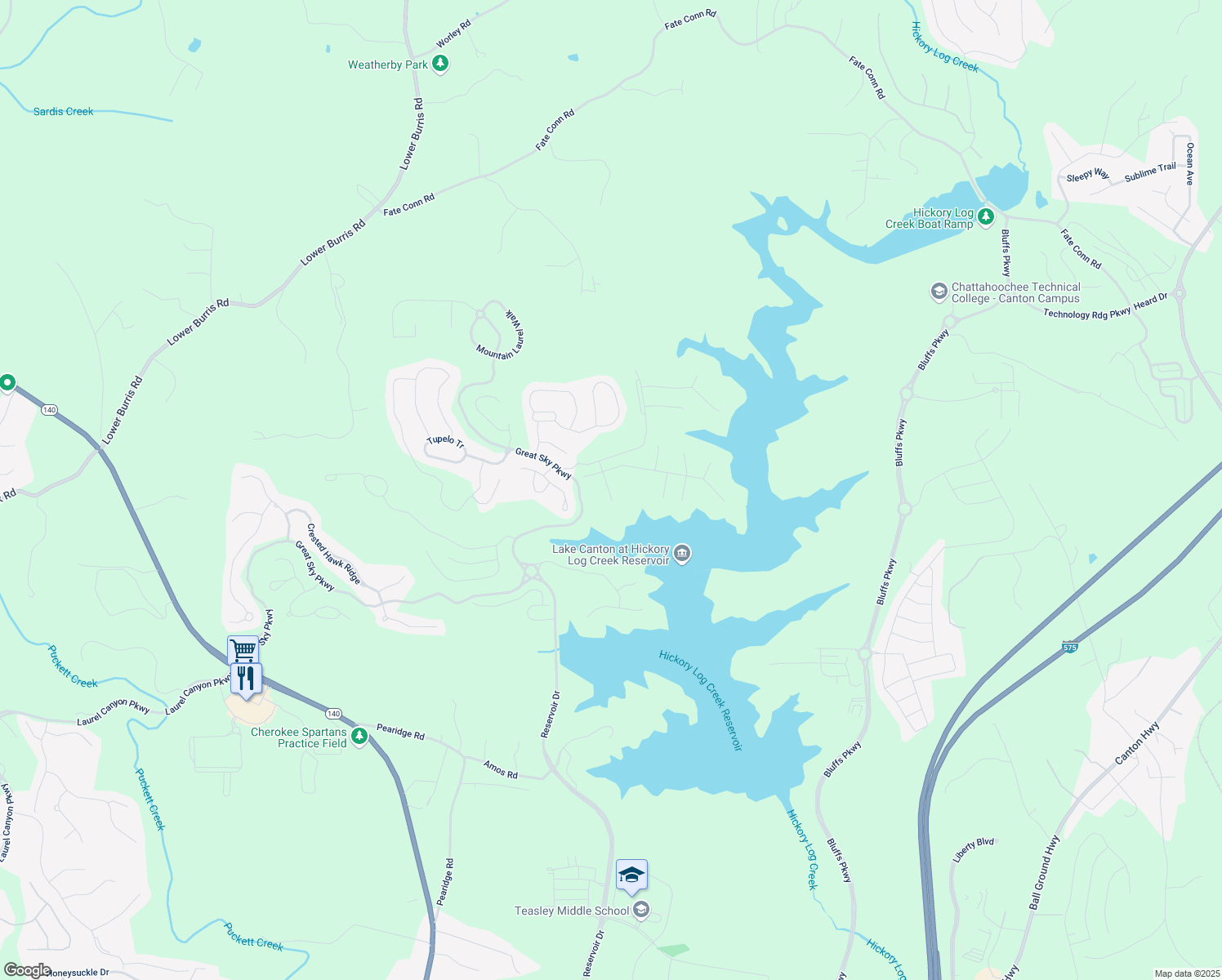 map of restaurants, bars, coffee shops, grocery stores, and more near 3021 Sunset Pass in Canton