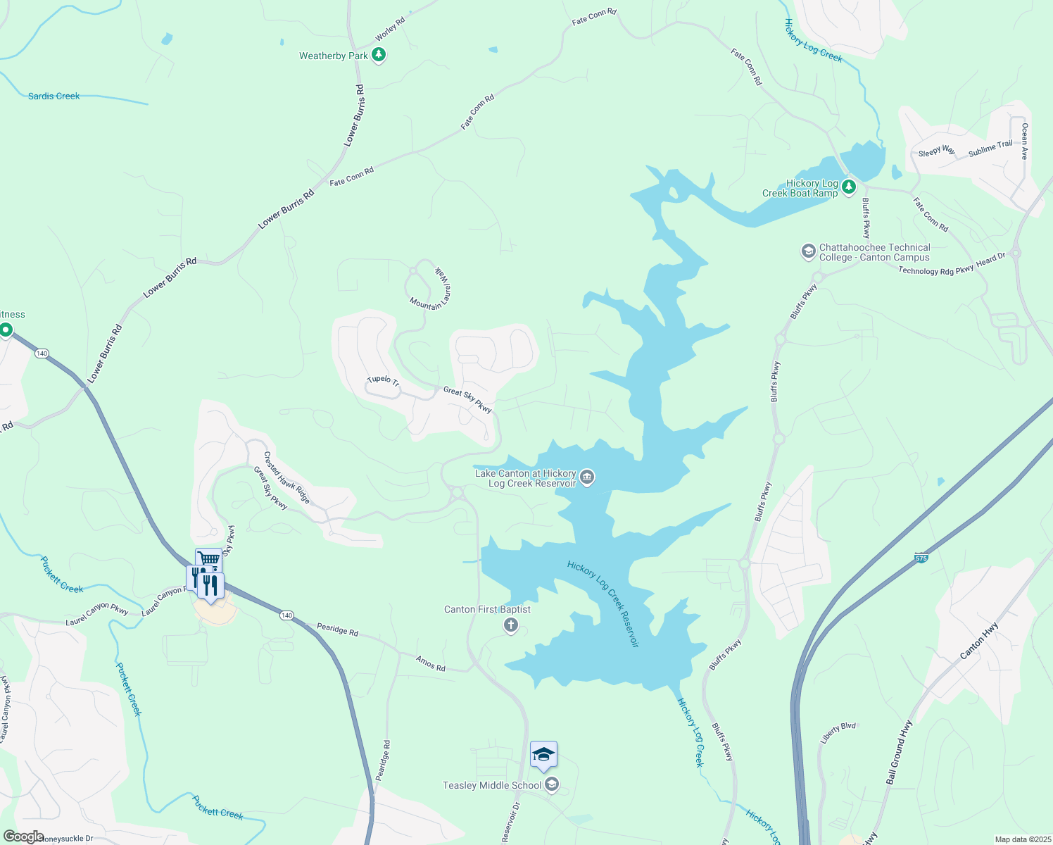 map of restaurants, bars, coffee shops, grocery stores, and more near 3021 Sunset Pass in Canton
