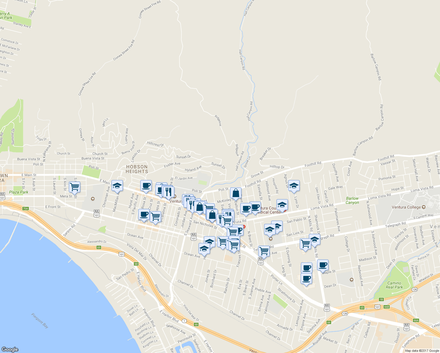 map of restaurants, bars, coffee shops, grocery stores, and more near 2474 Fernwood Drive in Ventura