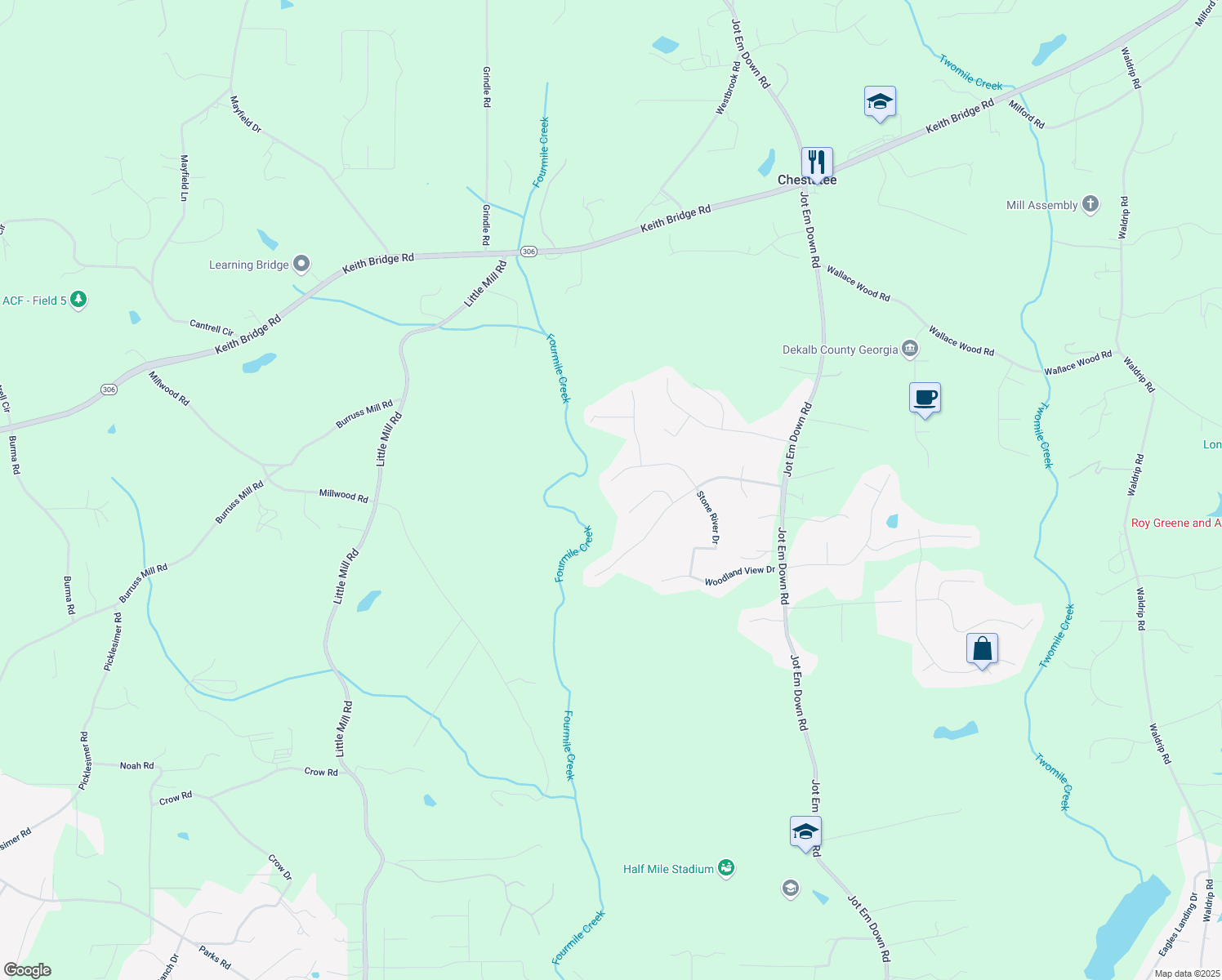 map of restaurants, bars, coffee shops, grocery stores, and more near 8925 Stone River Drive in Gainesville