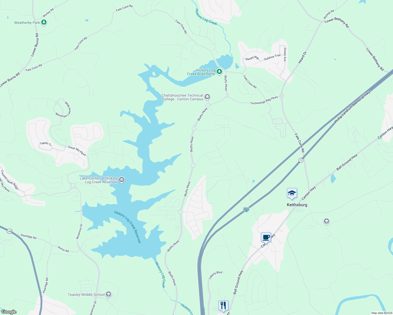 map of restaurants, bars, coffee shops, grocery stores, and more near Bluffs Parkway in Canton
