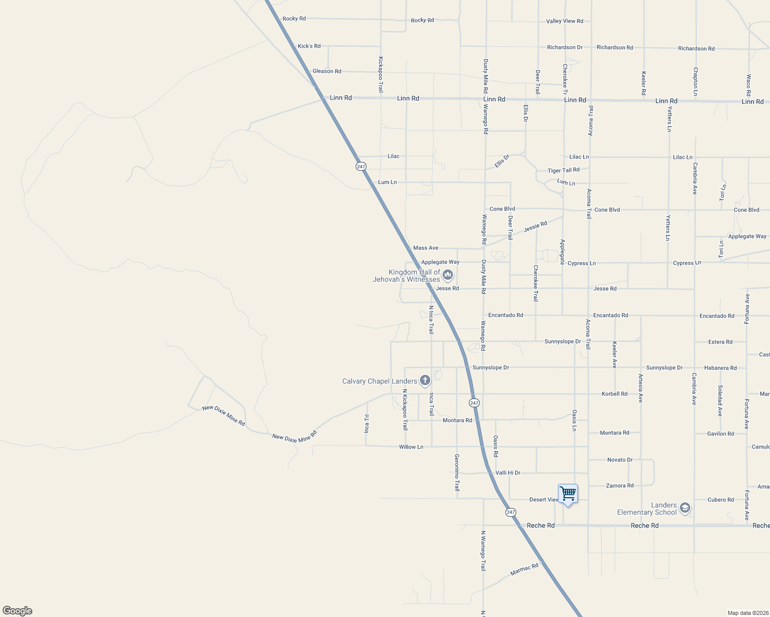 map of restaurants, bars, coffee shops, grocery stores, and more near 1760 North Jemez Trail in Yucca Valley