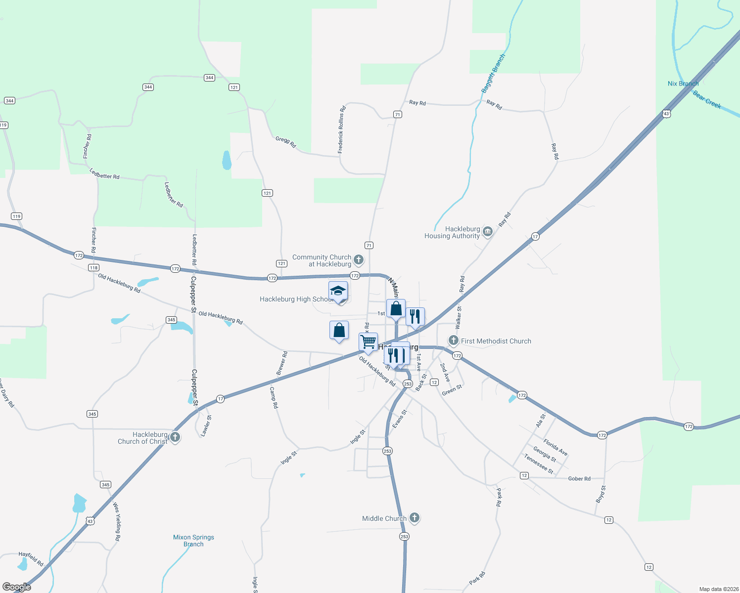 map of restaurants, bars, coffee shops, grocery stores, and more near 416 Nix Road in Hackleburg