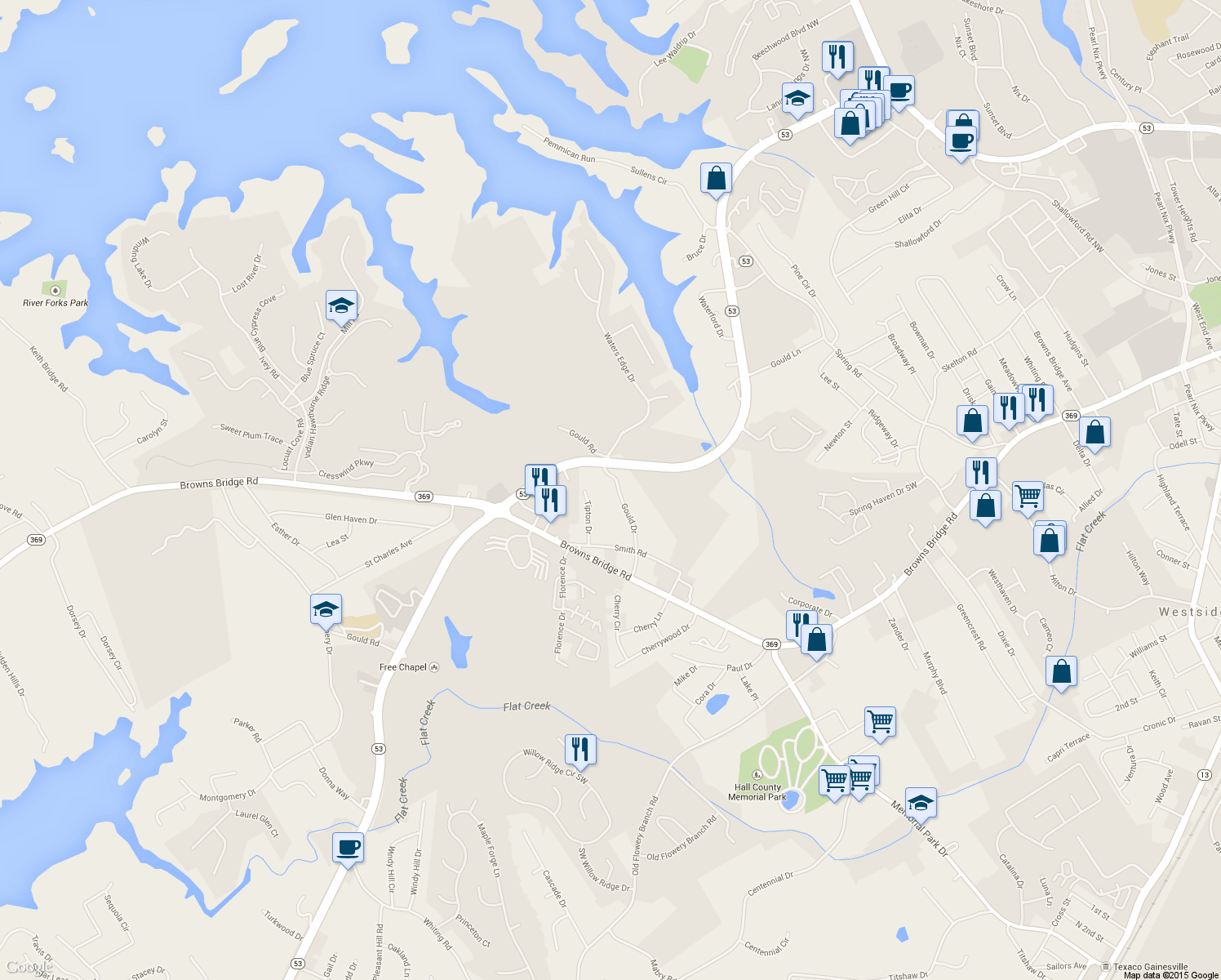 map of restaurants, bars, coffee shops, grocery stores, and more near 2595 Gould Dr in Gainesville