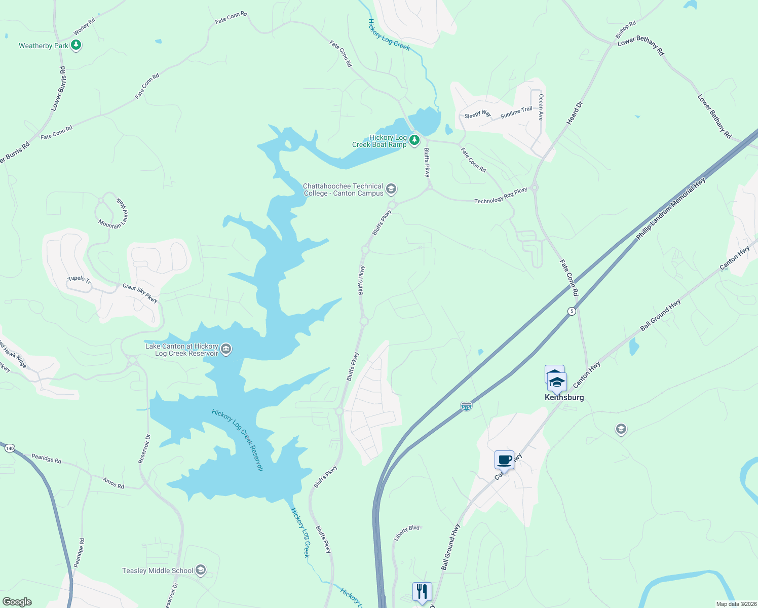 map of restaurants, bars, coffee shops, grocery stores, and more near Bluffs Parkway in Canton