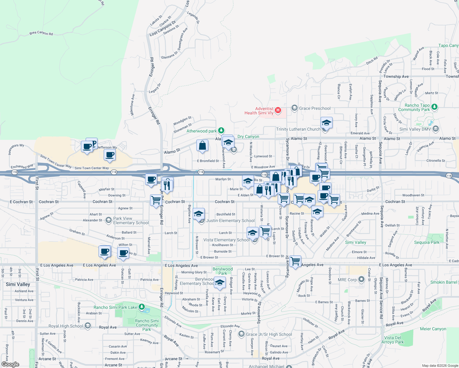 map of restaurants, bars, coffee shops, grocery stores, and more near 2568 Goldin Ave in Simi Valley