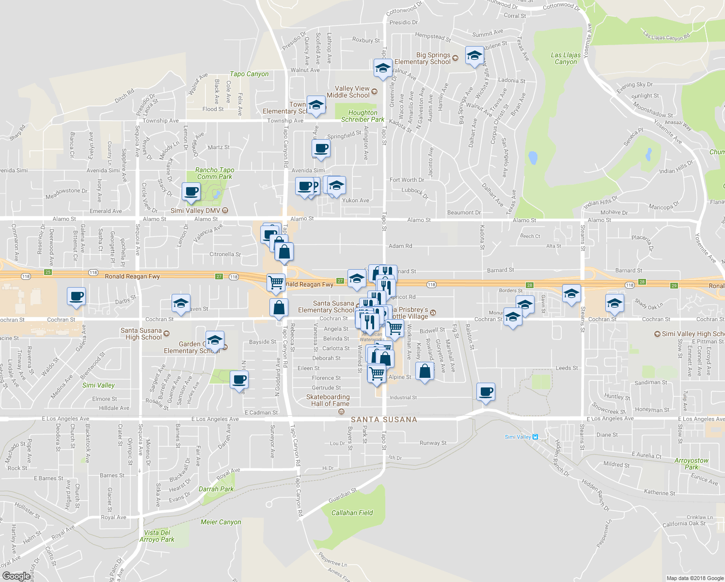 map of restaurants, bars, coffee shops, grocery stores, and more near 4281 Apricot Road in Simi Valley