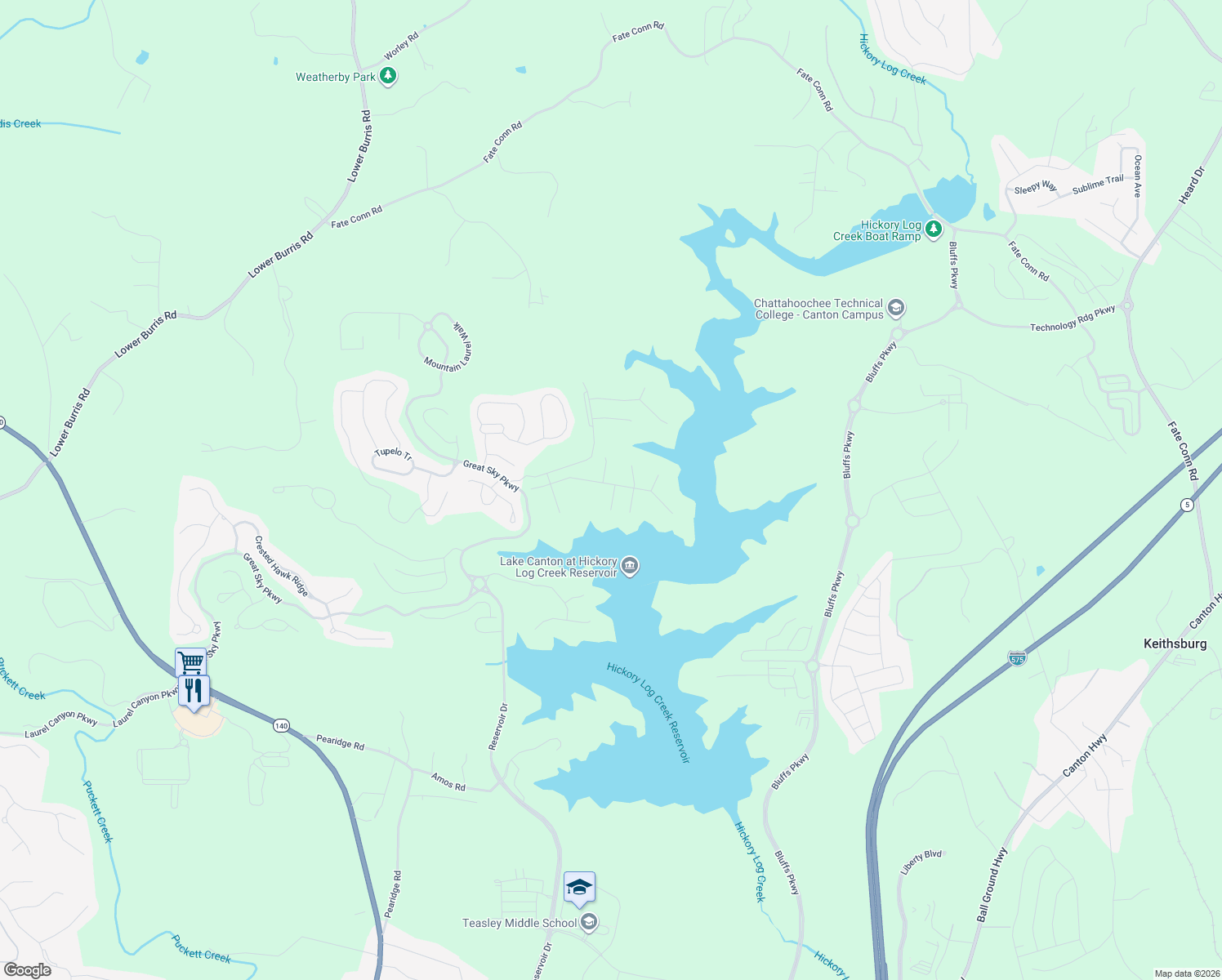 map of restaurants, bars, coffee shops, grocery stores, and more near Great Sky Parkway in Canton
