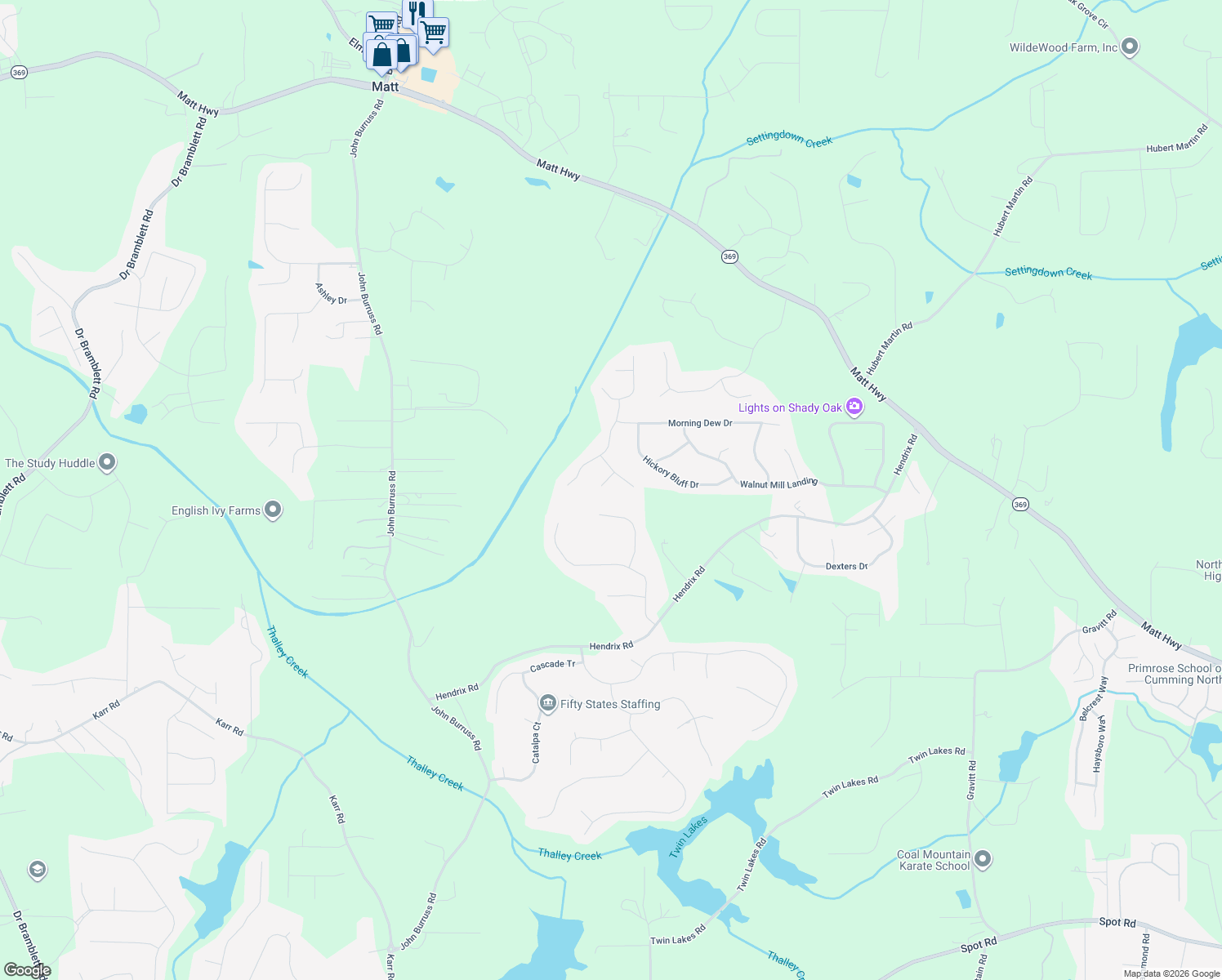 map of restaurants, bars, coffee shops, grocery stores, and more near 7635 Mill Stream Ct in Cumming