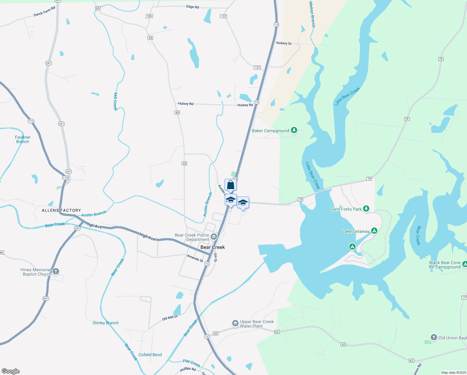 map of restaurants, bars, coffee shops, grocery stores, and more near Highway 13 in Bear Creek