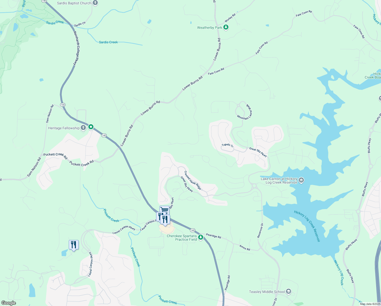 map of restaurants, bars, coffee shops, grocery stores, and more near 314 Sky High Trail in Canton
