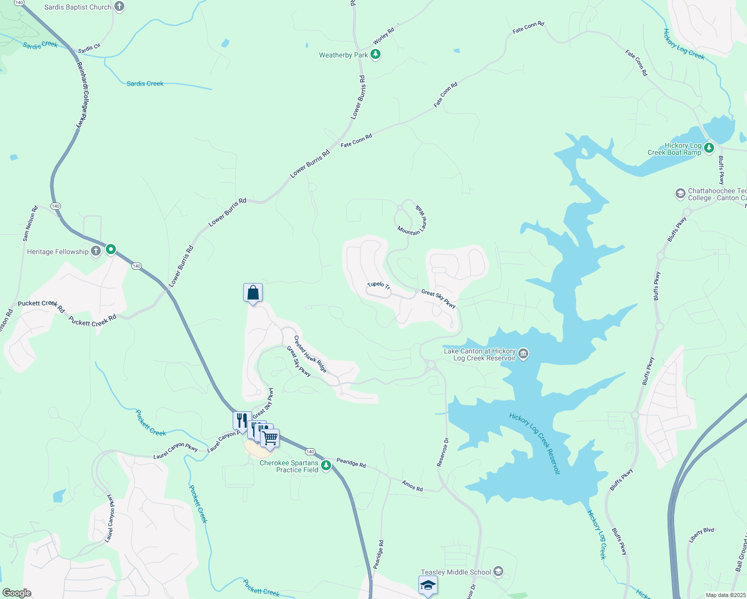 map of restaurants, bars, coffee shops, grocery stores, and more near 322 Tupelo Tr in Canton