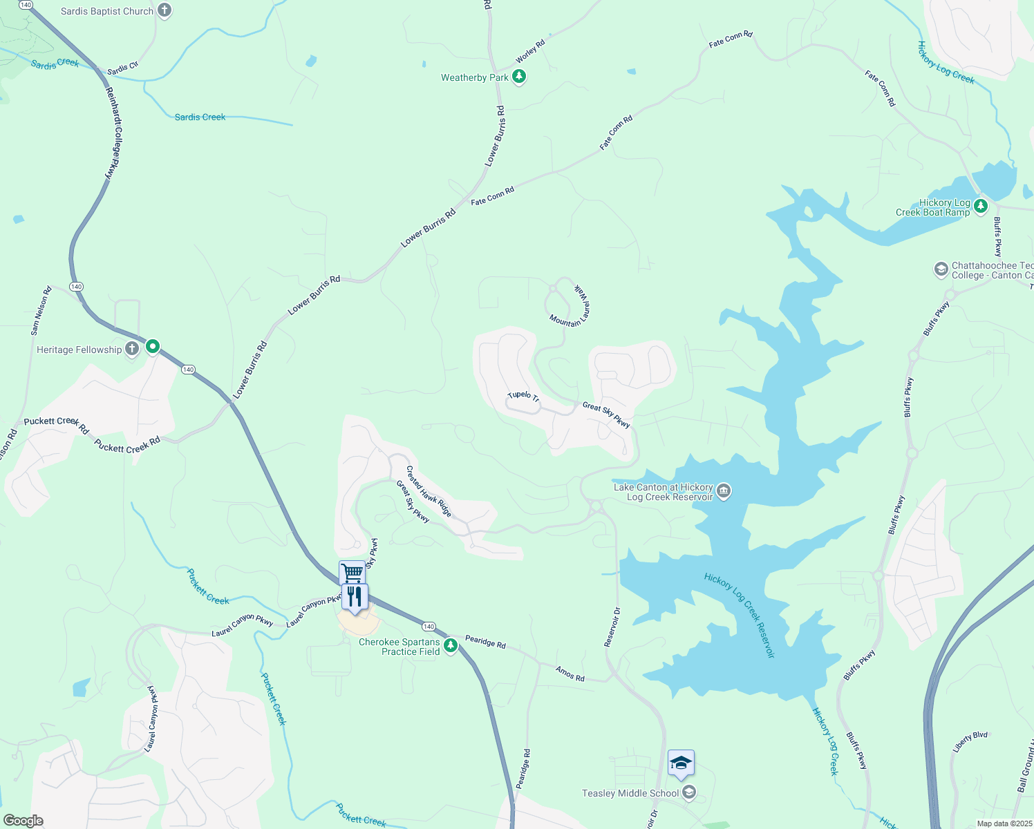 map of restaurants, bars, coffee shops, grocery stores, and more near 322 Tupelo Tr in Canton