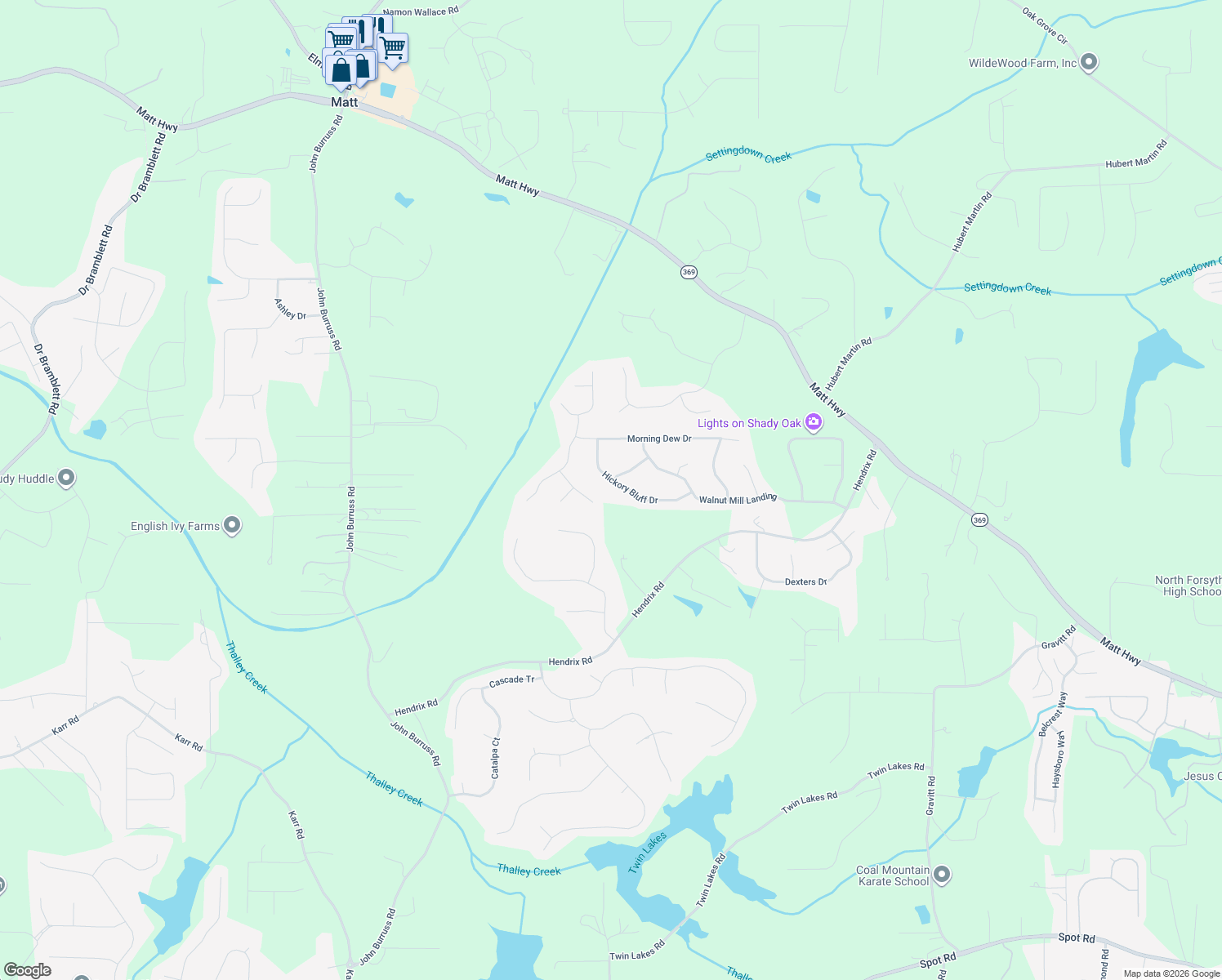 map of restaurants, bars, coffee shops, grocery stores, and more near 7325 Hickory Bluff Drive in Cumming